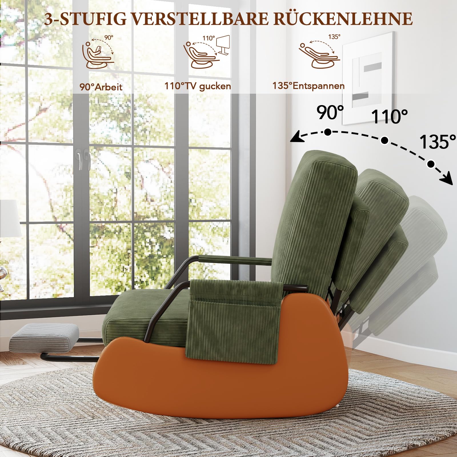 Schaukelstuhl mit Fußstütze, Schaukelsessel mit Verstellbare Rückenlehne, Gepolsterter Breiter Relaxsessel Relaxstuhl Sessel mit Seitentaschen für Wohnzimmer Schlafzimmer, Grün
