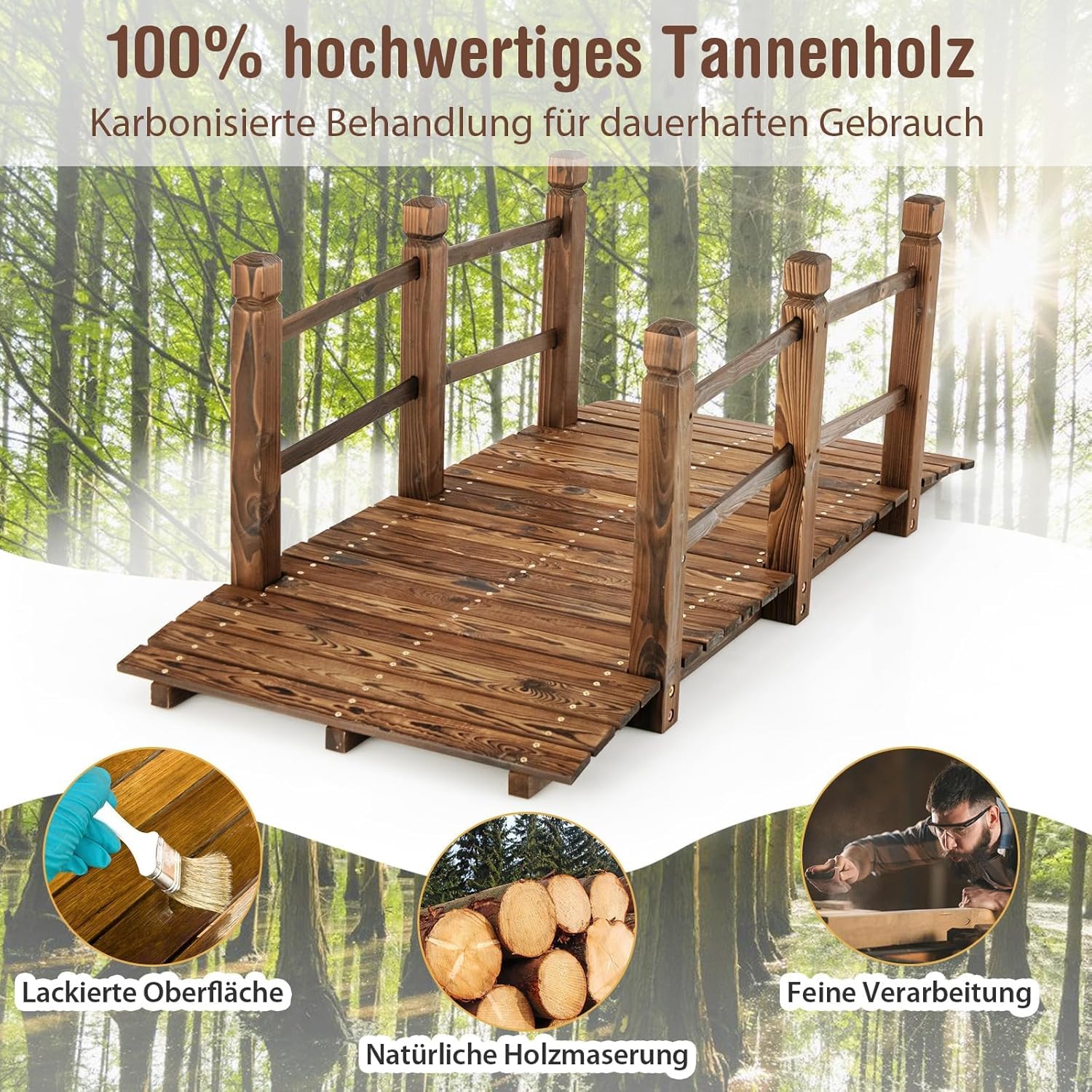 FANTASK Pont de Jardin en Bois de Sapin Massif avec Balustrade - Pont décoratif - Charge maximale : 180 kg - Marron