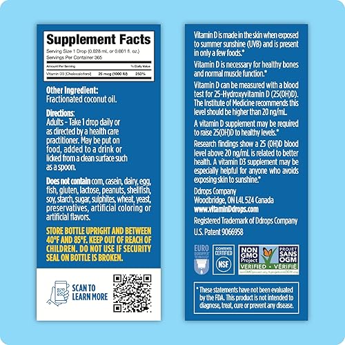 Miniatura 3 de Ddrops Adultos 1000IU 365 Gotas - Suplemento líquido de vitamina D3, que apoya huesos fuertes y sistema inmunológico