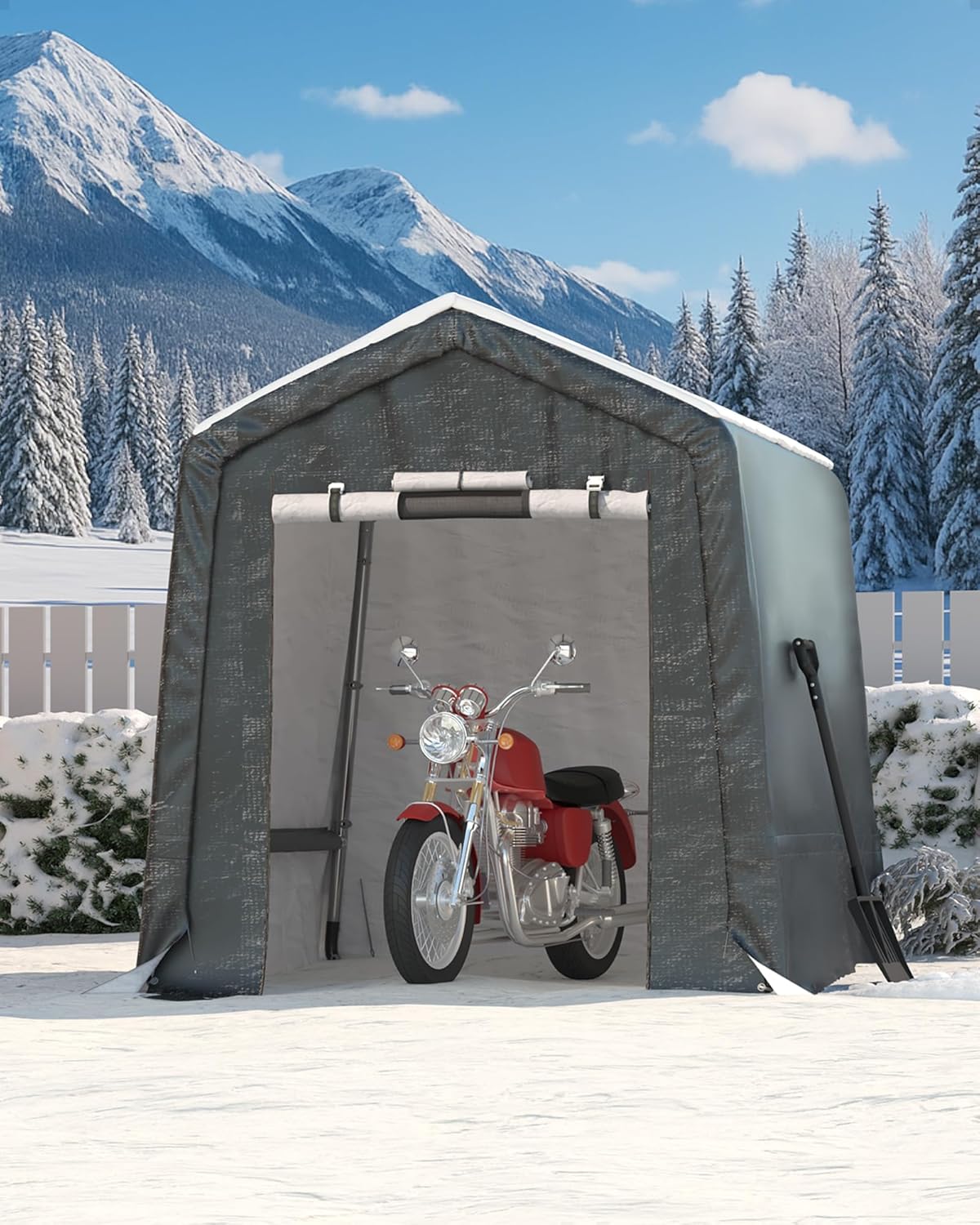 GarveeLife 6x8 Outdoor Portable Storage Shed - Waterproof UV-Resistant Tarp, Roll-Up Door, Ventilated Shelter for Motorcycles, Firewood & Tools (Gray)
