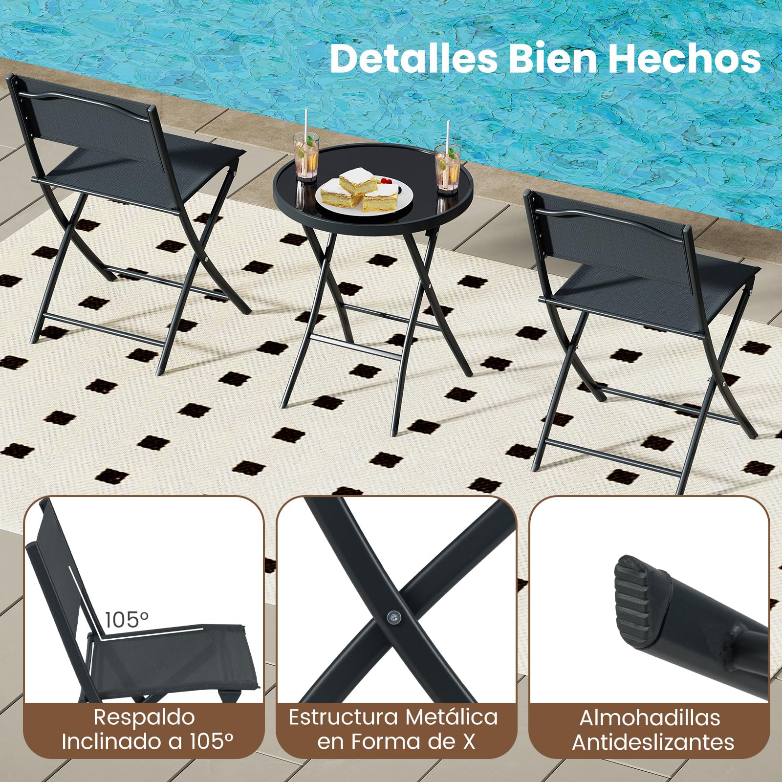 COSTWAY Conjunto Mesa y Sillas Jardin de 3 Piezas, Muebles de Comedor Plegables, Asiento de Tejido Transpirable y Mesa Redonda Tablero de Vidrio Templado, Mesa y Sillas Jardin Terraza Exterior