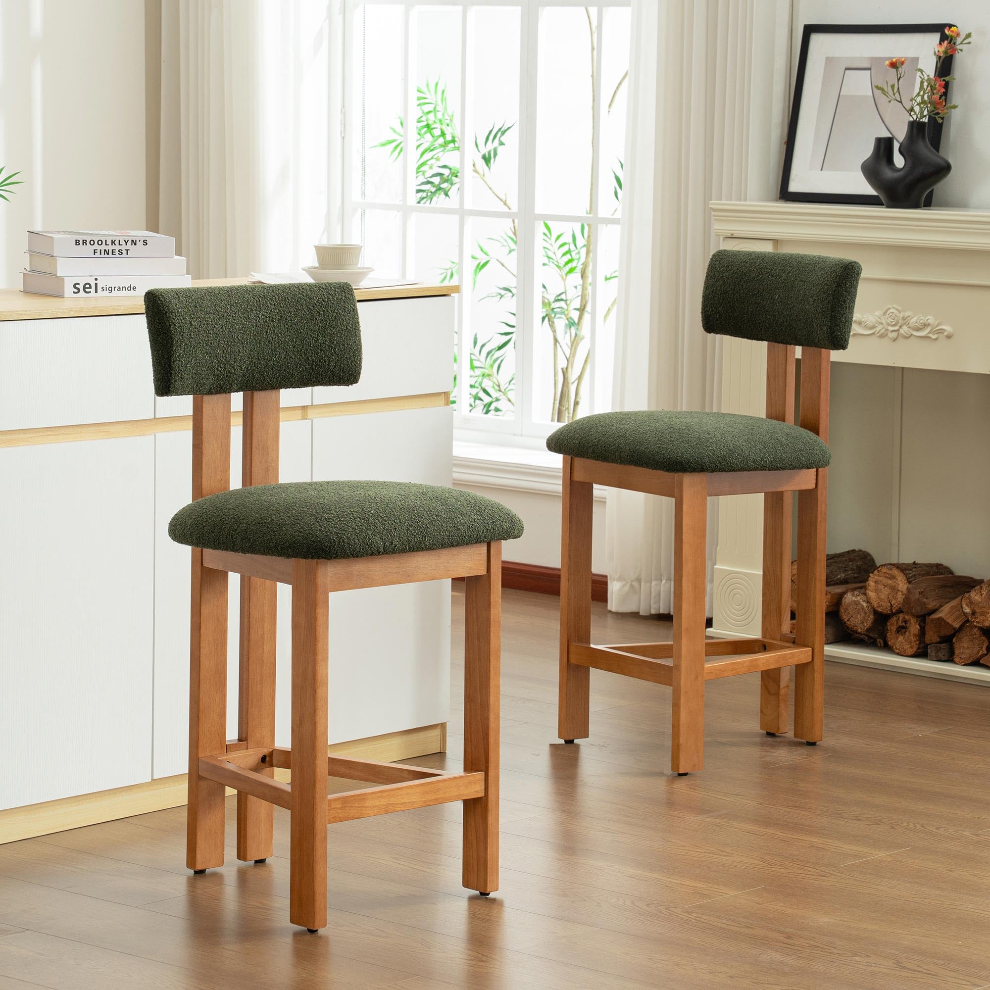 younturn Retro Mid Century Bar Stools Set of 2, Comfort Padded Boucle Upholstered Seats Breakfast Barstools with Backrest and Solid Wooden Legs, Stools for Kitchen Island, Home Bar, Olive Green