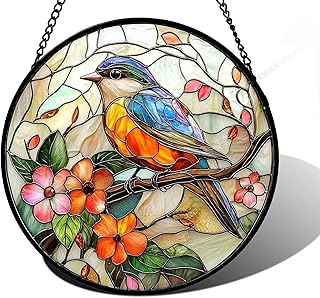 Blue Bird Pink Flower Stained Glass Window Hanging Suncatcher Gift 7.8"