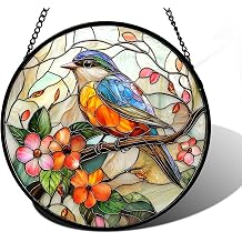 DASTOLL Stained Glass Window Hanging, Blue Bird Pink Flower Suncatcher Diamond Glass Panel Bird Sun Catchers Decor for Birthday for Women, Men, Wife, Aunt, and Mom 6.3 in