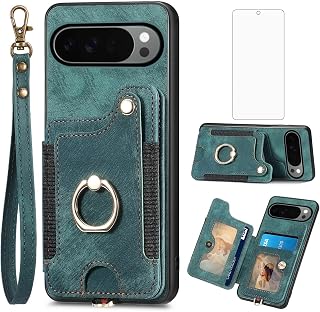 Asuwish Phone Case for Google Pixel 10 Pro XL Wallet Cover with Tempered Glass Screen Protector and Wrist Strap Lanyard RFID Credit Card Holder Ring Stand Accessories Pixel10 10Pro LX Women Men Green