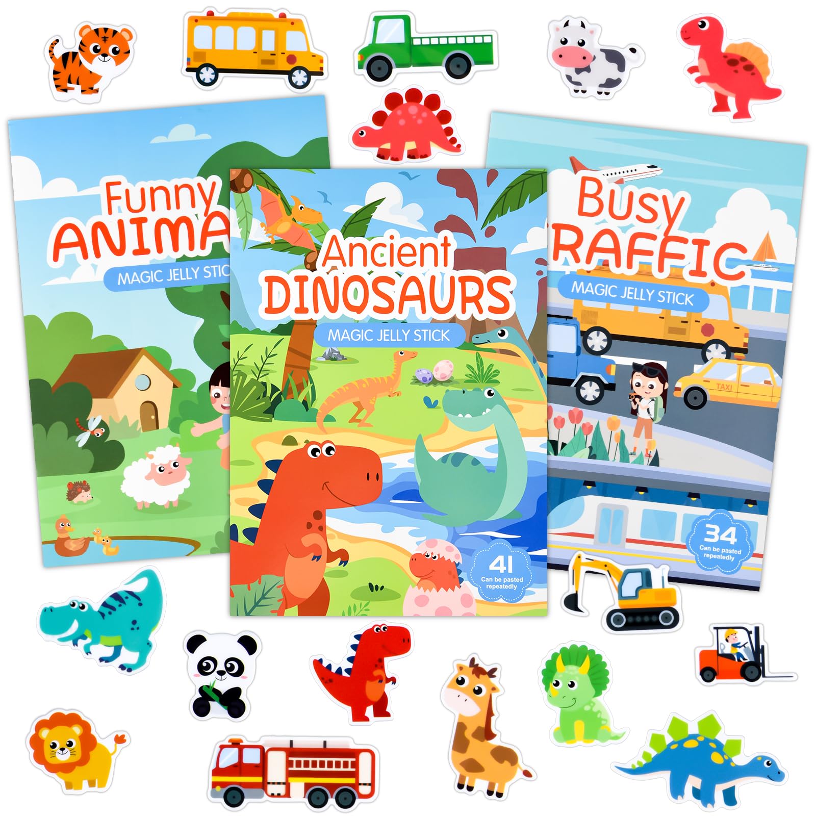 ASTARON Paquete de 3 Libros de Pegatinas Reutilizables para niños pequeños, Pegatina 3D, Juguete Educativo de Aprendizaje sensorial, Juguetes de Viaje, Actividades en avión para niños