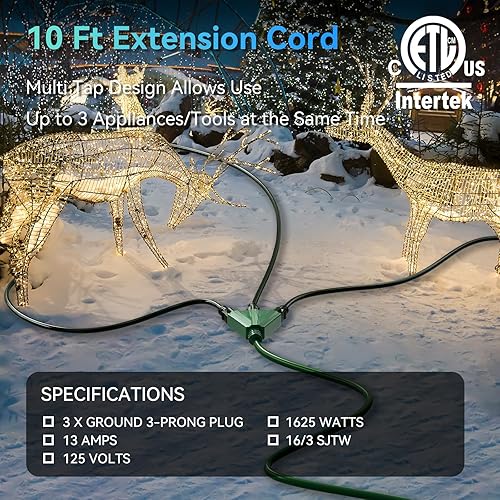 Miniatura 2 de K KASONIC - Cable de extensión de 10 pies con 3 tomas, listado UL 163 SJTW 3 cables a tierra, 13A 125V 1625W para uso en interiores y exteriores -