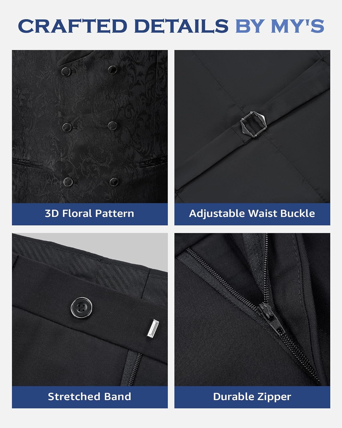 MY'S Men's Floral Suit, 3 Piece Slim Fit Paisley Tuxedo, Jacket Pants Vest with Bow Tie for Wedding Prom Dinner