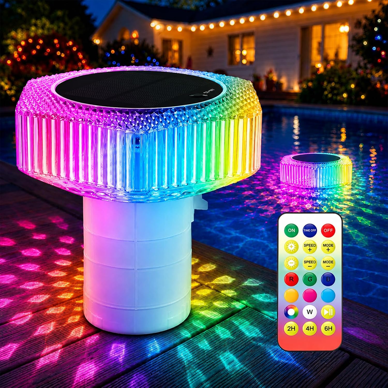 2026 Upgraded 2-in-1 Solar Pool Chlorine Floater with Colorful Lights | Solar Powered, Remote Control, Auto on/off, 1200mAh Battery, 3 Dynamic Light Modes, 2/4/6H Timer, IP68, Fit 3 inch Tablets