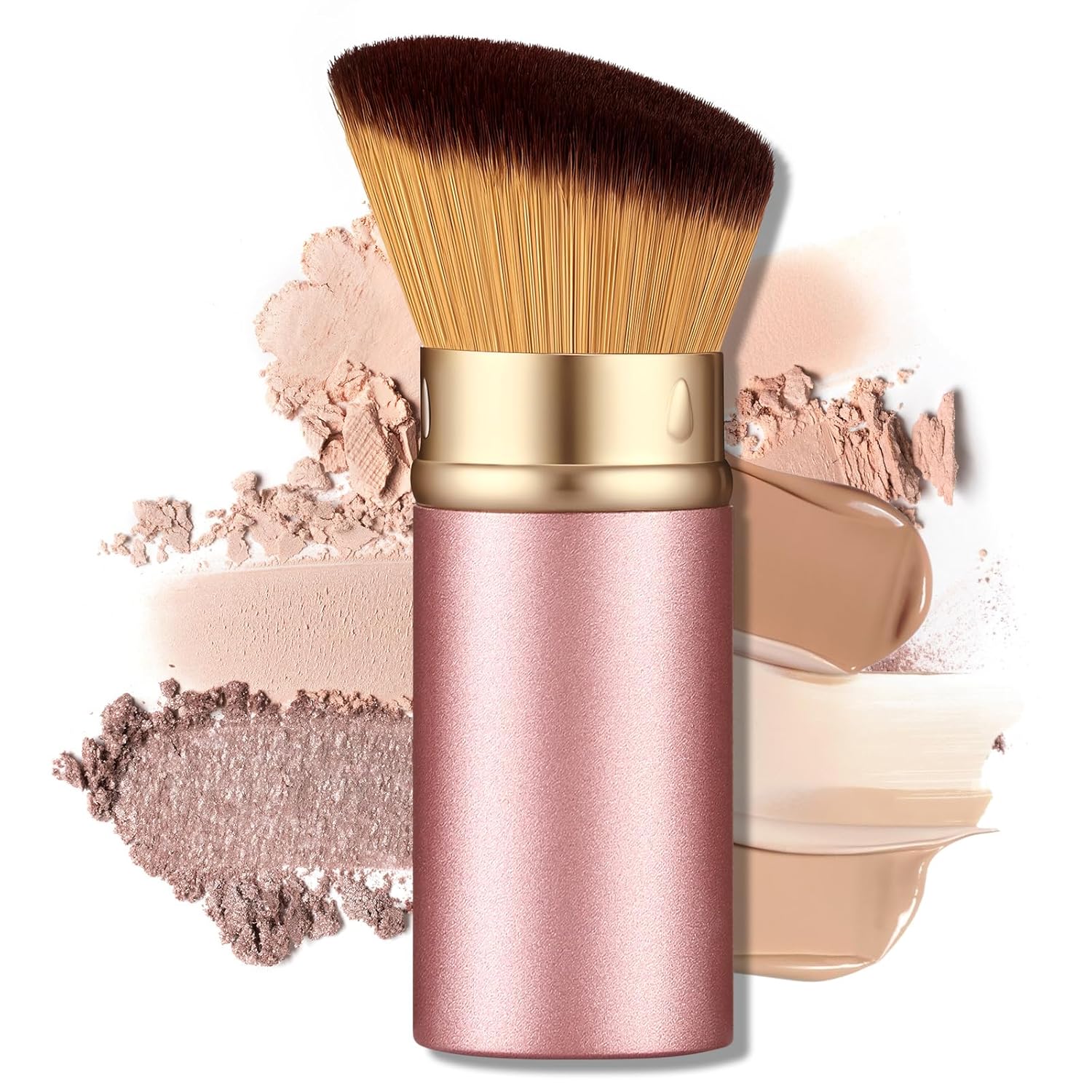 Retractable Kabuki Makeup Brush – All-in-One Travel Foundation, Powder, Blush, Liquid & Cream Face Brush | Portable & Easy to Use for Women & Beginners (Rose Gold)