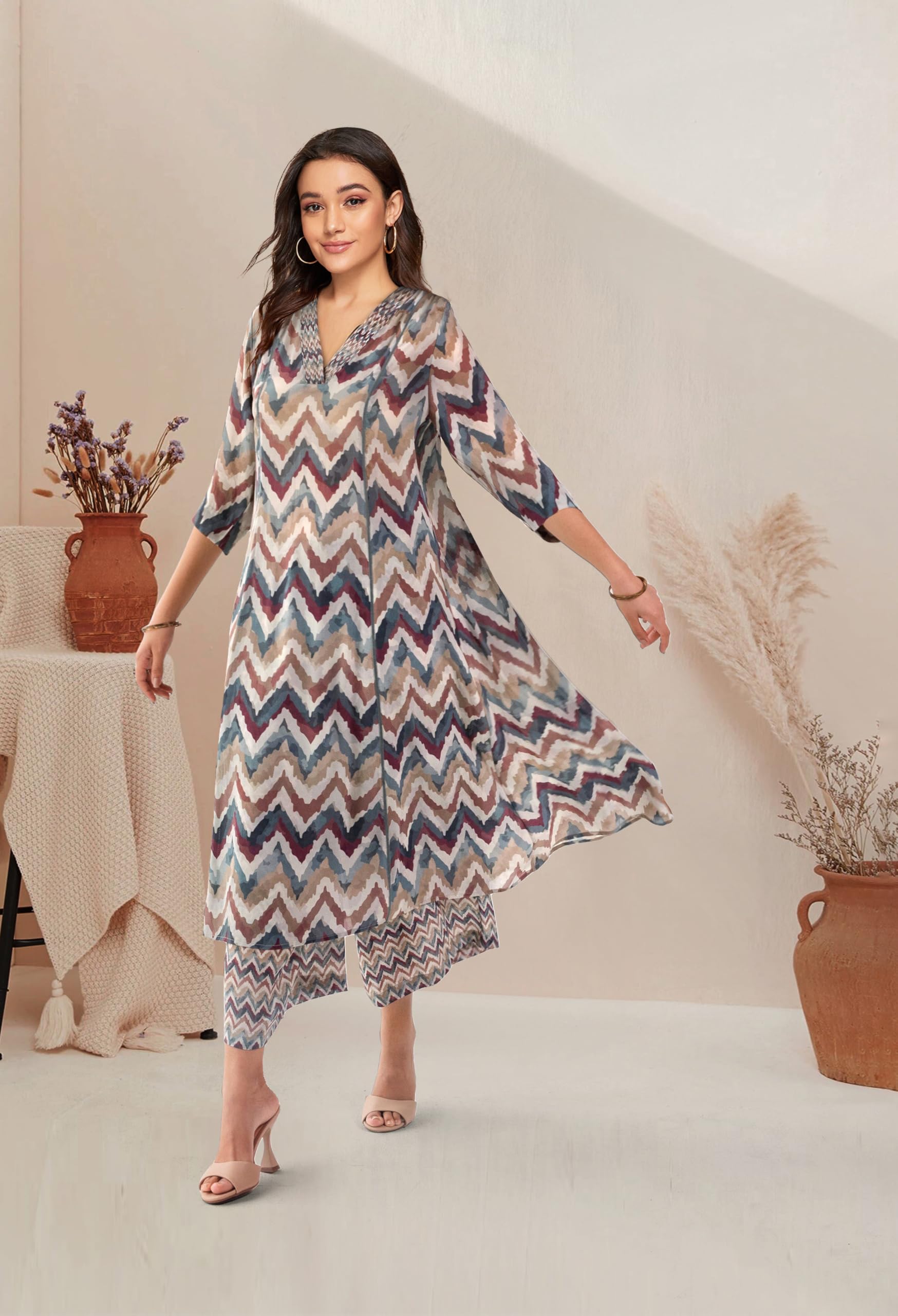 Toochki Kurta Sets For Women | Cotton Rayon | A Line Two Piece Kurtis | Anarkali | Multicolor Kurti Set | Chevron Printed Kurtas | Cord Set Dress