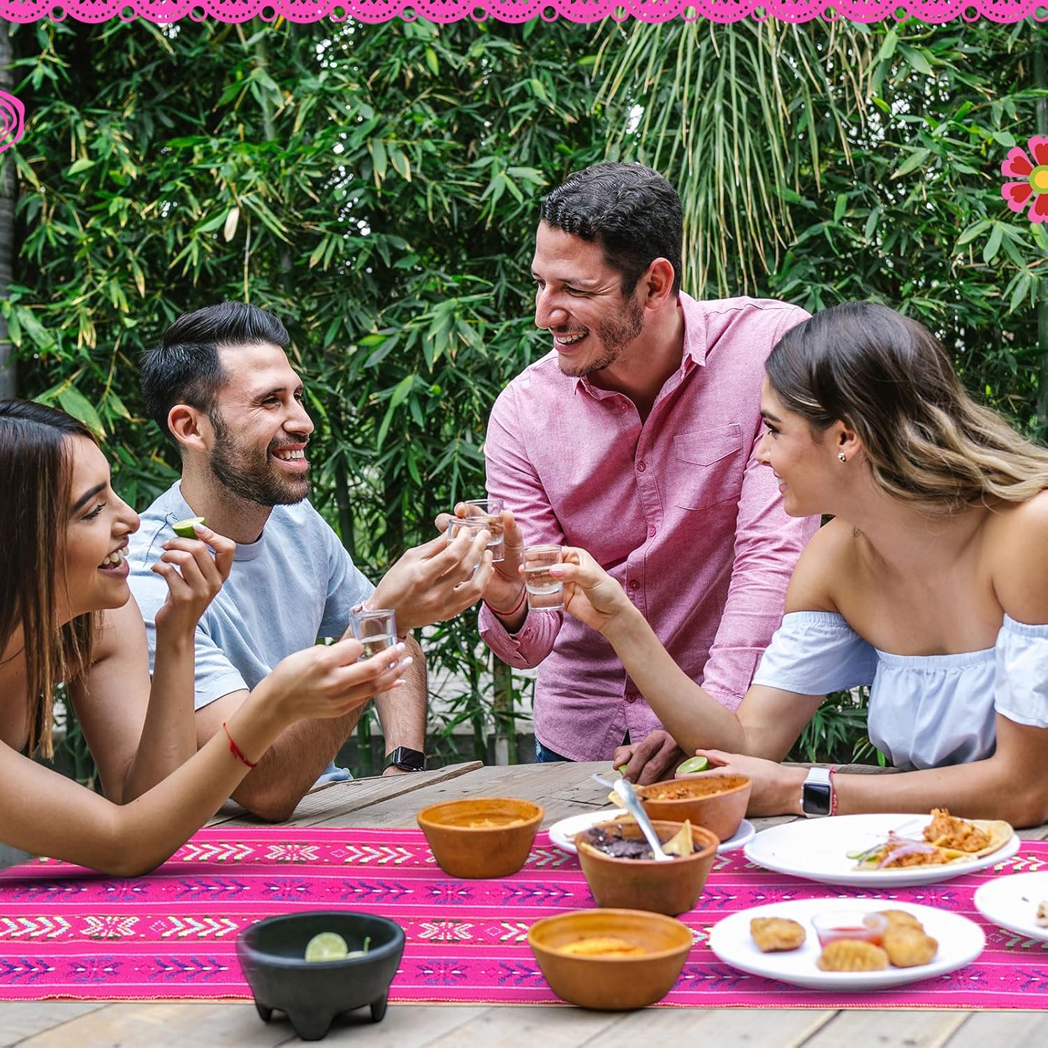 4 Pack Mexican Table Runner 14 x 86 Inch Woven Style Fiesta Theme Party Fringe Cotton Decoration for Day of The Dead Fiesta Cinco De Mayo Party Wedding Table Runner(Pink)