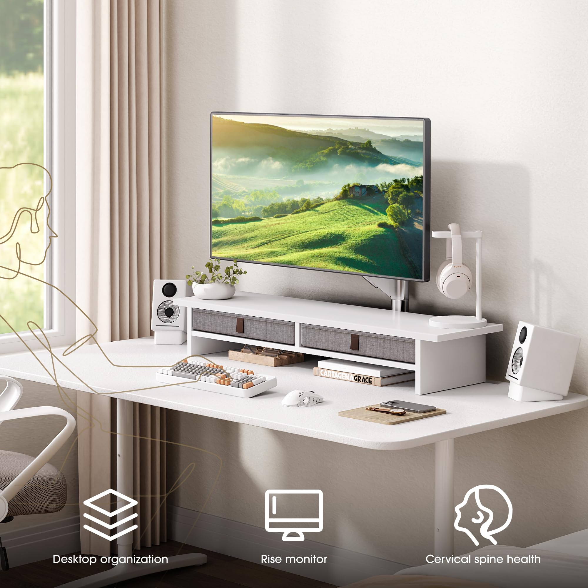 Fenge Supporto per Doppio Monitor con Cassetto 90 cm Organizzatore da Scrivania a 2 Strati per PC/Laptop/Stampante/TV L90 x L23,5 x H14,2 cm (Bianco)