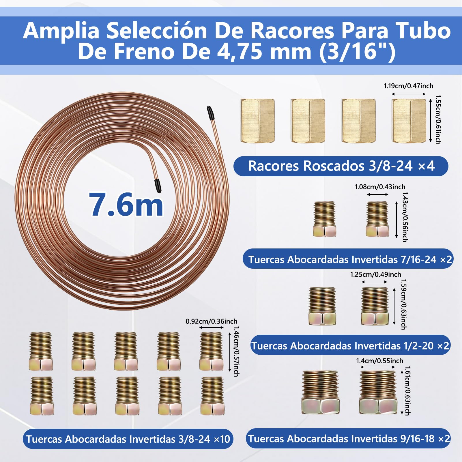 Juego de Abocardador de Conductos de Freno Abocardador Doble DIN 4,75 Mm (3/16") Herramienta para Ensanchar Tubos de Cobre con 7,6 M Ø 4,75 Mm de Conductos de Freno 16 Tuercas de