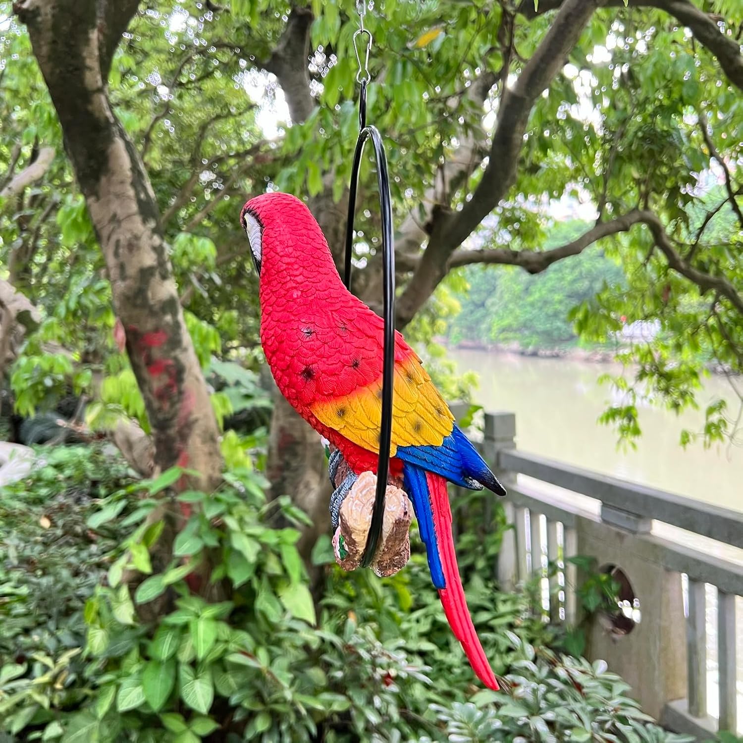 Hanging Scarlet Macaw Parrot Perching on Branch in Metal Round Ring for Home Patio Garden Decor 16" H (Red and Yellow)