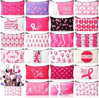 24 Pieces Makeup Bags Bulk Canvas Cosmetic Bags Purse Organizer Zipper Cosmetic Pouch Portable Travel Toiletry Pouch for Women Men Gifts, 7 x 4 Inch (Breast Cancer Awareness)