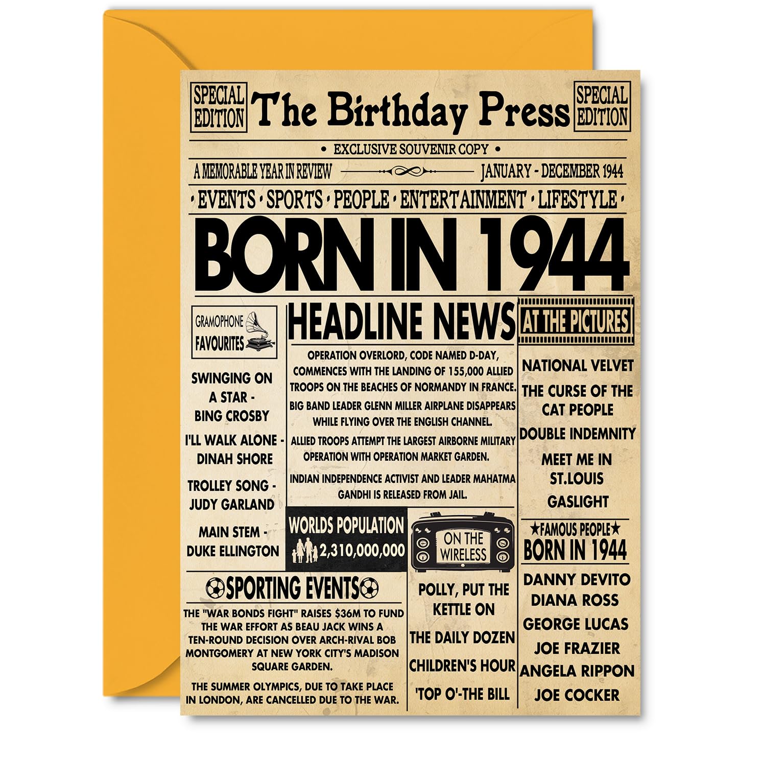 82nd Birthday Cards for Women Men - Born In 1944 Newspaper - Happy 82 Birthday Card for Grandma Grandad Nan Vintage Retro Back In 1944, A5 Bday Greeting Cards