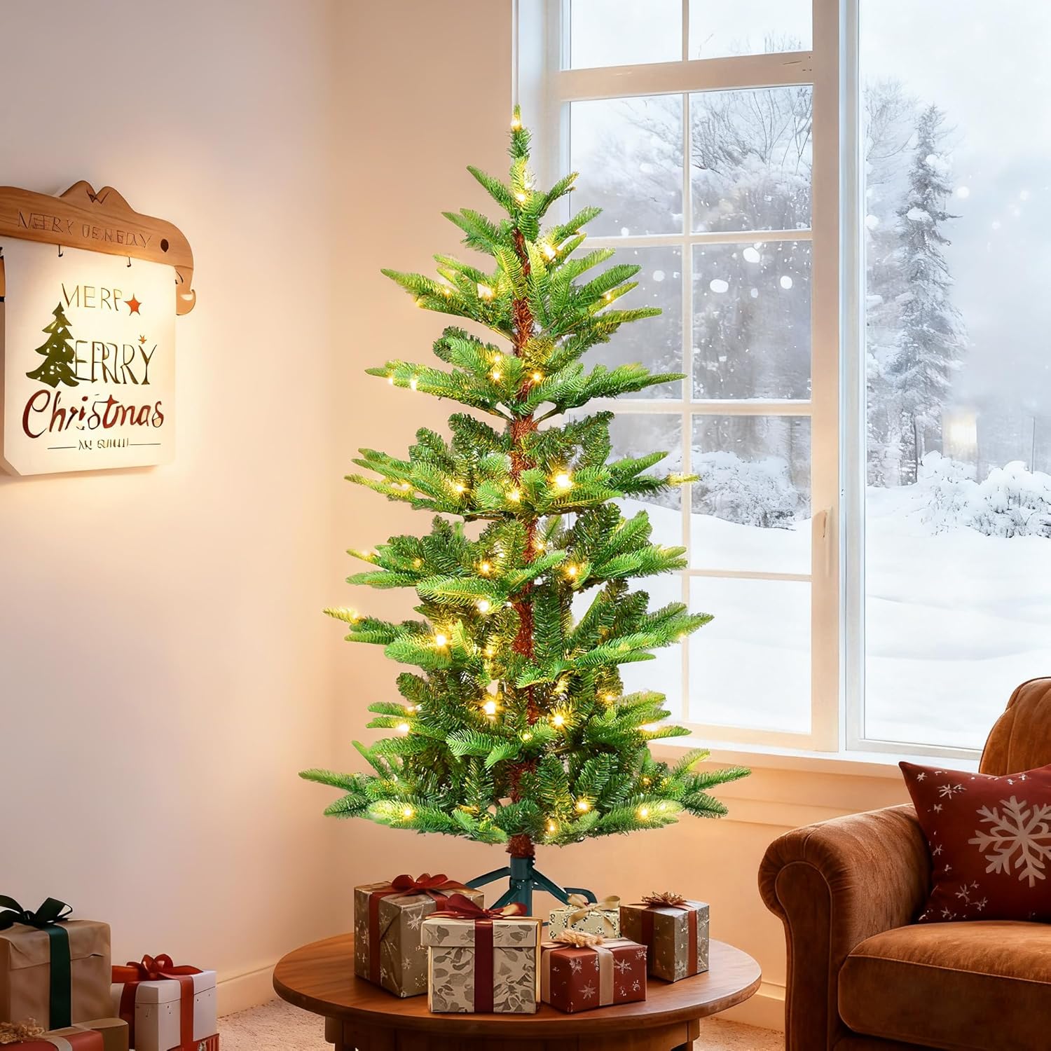 4FT Prelit Artificial Christmas Tree, Sparse Aspen Fir Christmas Tree with 100 Warm White Lights & 298 Branch Tips, PE & PVC Pre Lit Hinged Xmas Trees with Metal Base for Party, Holiday Decoration