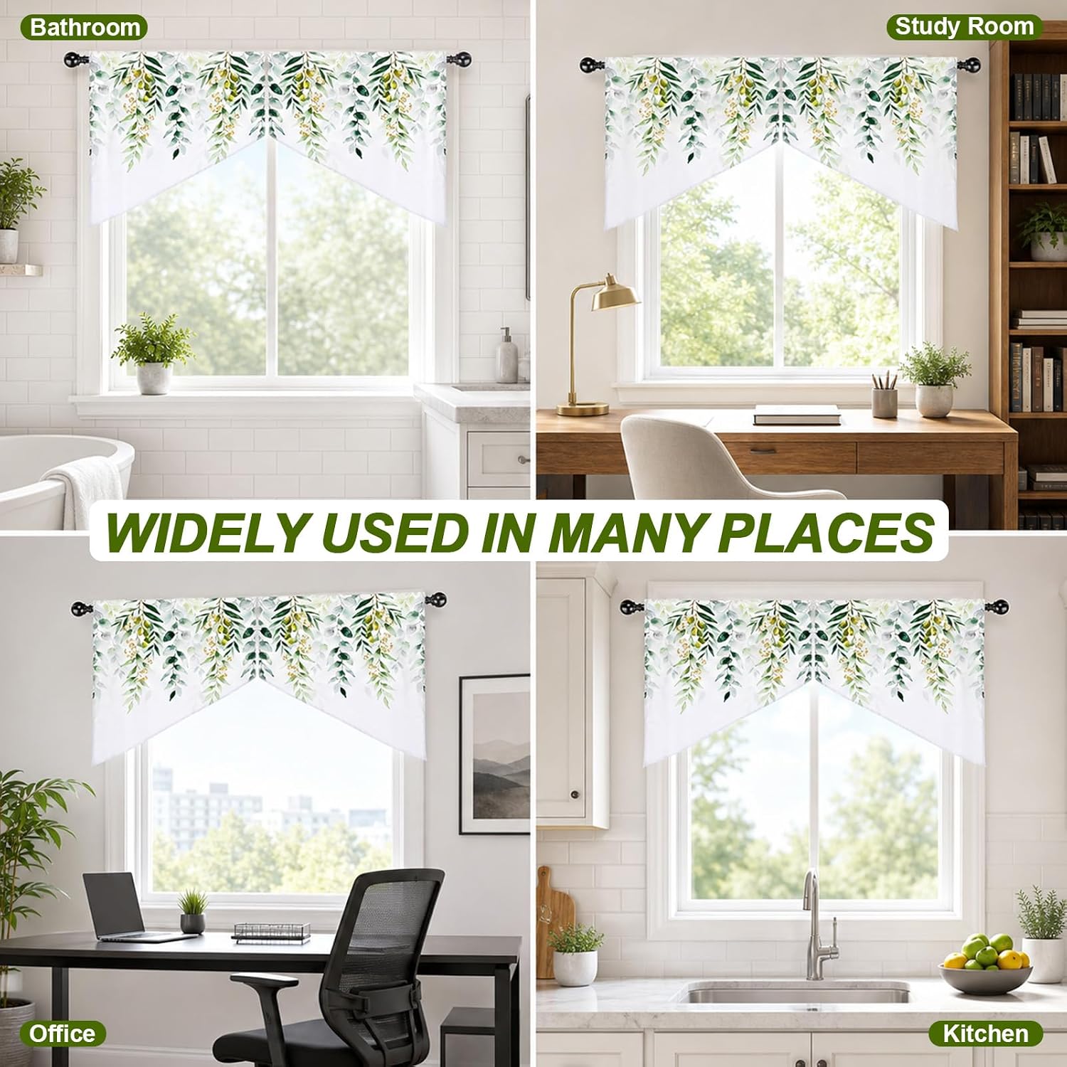 2Panels Green Swag Curtain Valance for Windows, Soft Leaf Print Kitchen Bathroom Drape Kitchen Curtains for Small Windows, Valances for Windows Farmhouse Hanging Decor