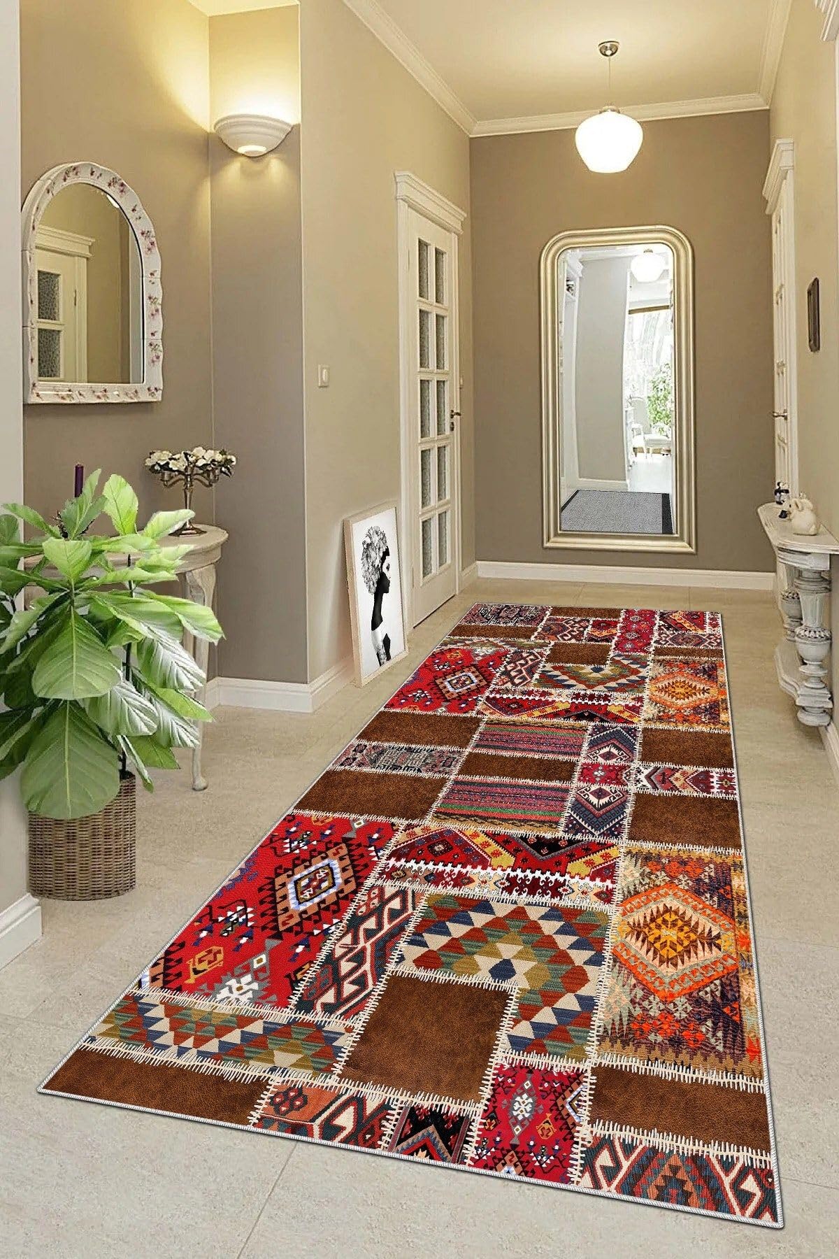 Pelangi Kilim Desenli Etnik Dijital Baskı Yıkanabilir Kaymaz Taban Modern Salon Halı ve Yolluk, Kırmızı 80 x 500, 95541126805007