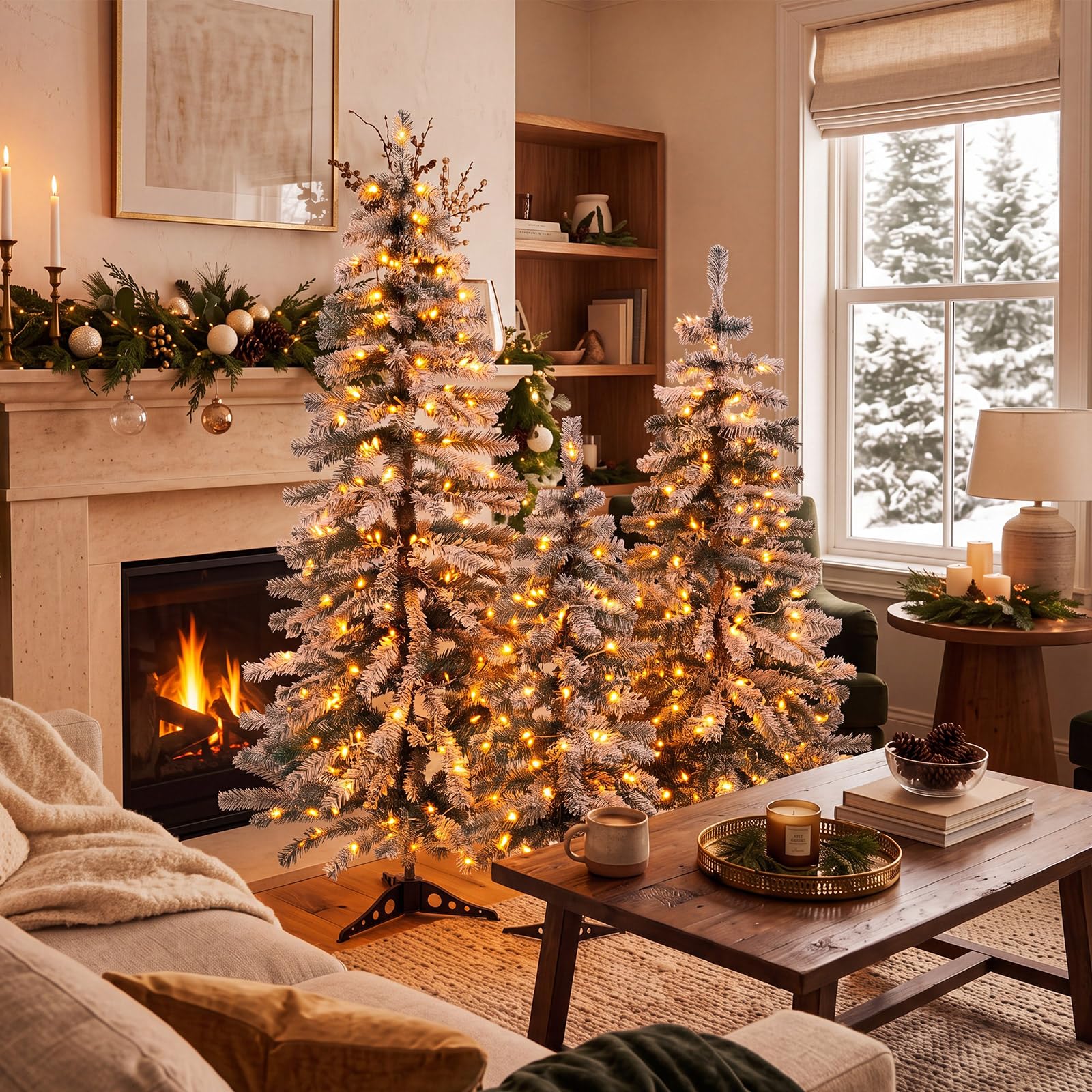 Cinnvoice Lot de 3 sapins de Noël artificiels naturels floqués avec lumières – Pin de Noël floqué avec branches pliables pour intérieur et extérieur (arbre alpin, 0,9 m, 1,2 m)
