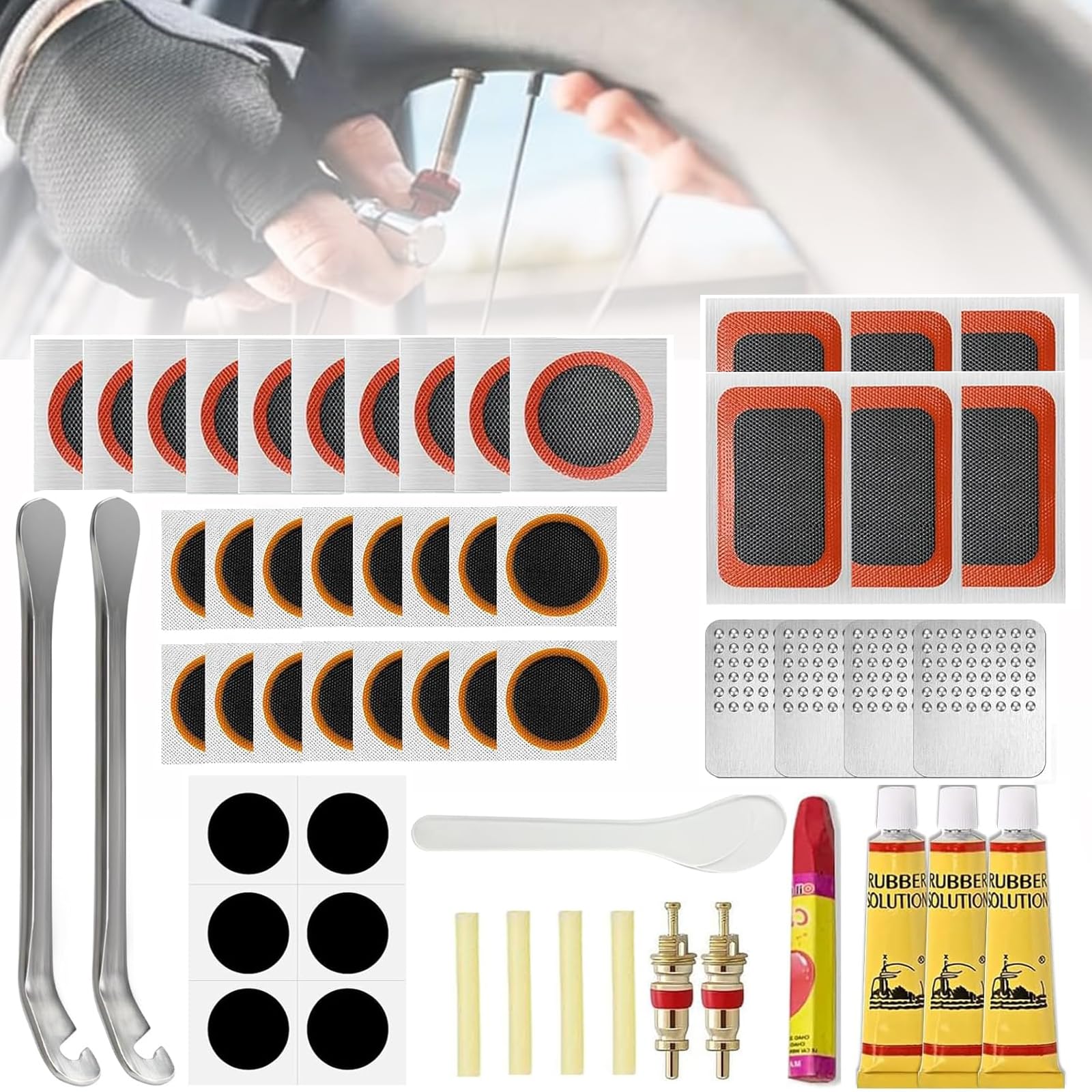 Kit di riparazione per pneumatici per bicicletta, 29 in 1, set di toppe per bicicletta, set di toppe per ciclisti, moto, BMX, veicoli fuoristrada in gomma gonfiabile