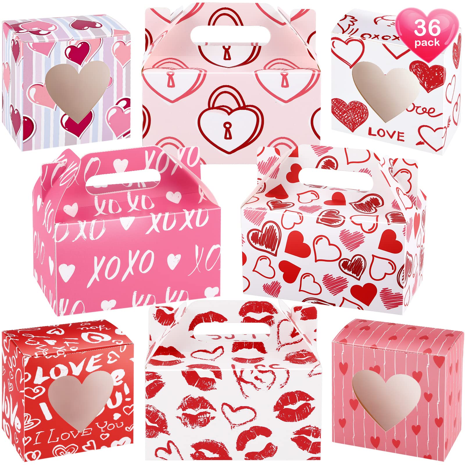 36 Pieces Heart Box Pink Red White Wedding Cake Boxes for Guests Paper Valentines Day Cupcake Boxes Goodie Bag Valentines Treat Box Hearts Prints Wedding Cookie Boxes for Pastries Cookies Donuts