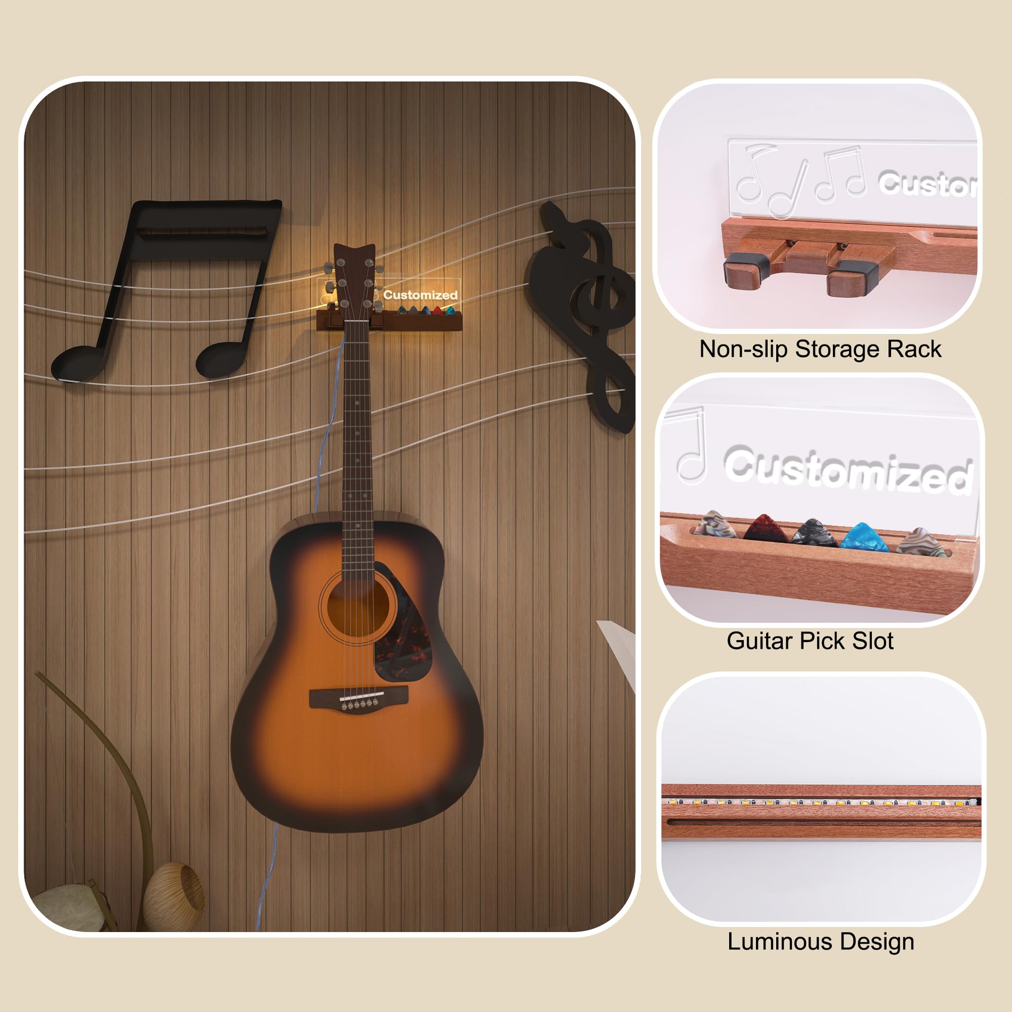 Used Notes Pick Stand Wall Mounted LED Wall-Mounted With USB Power - Wood & Acrylic, Musical ...