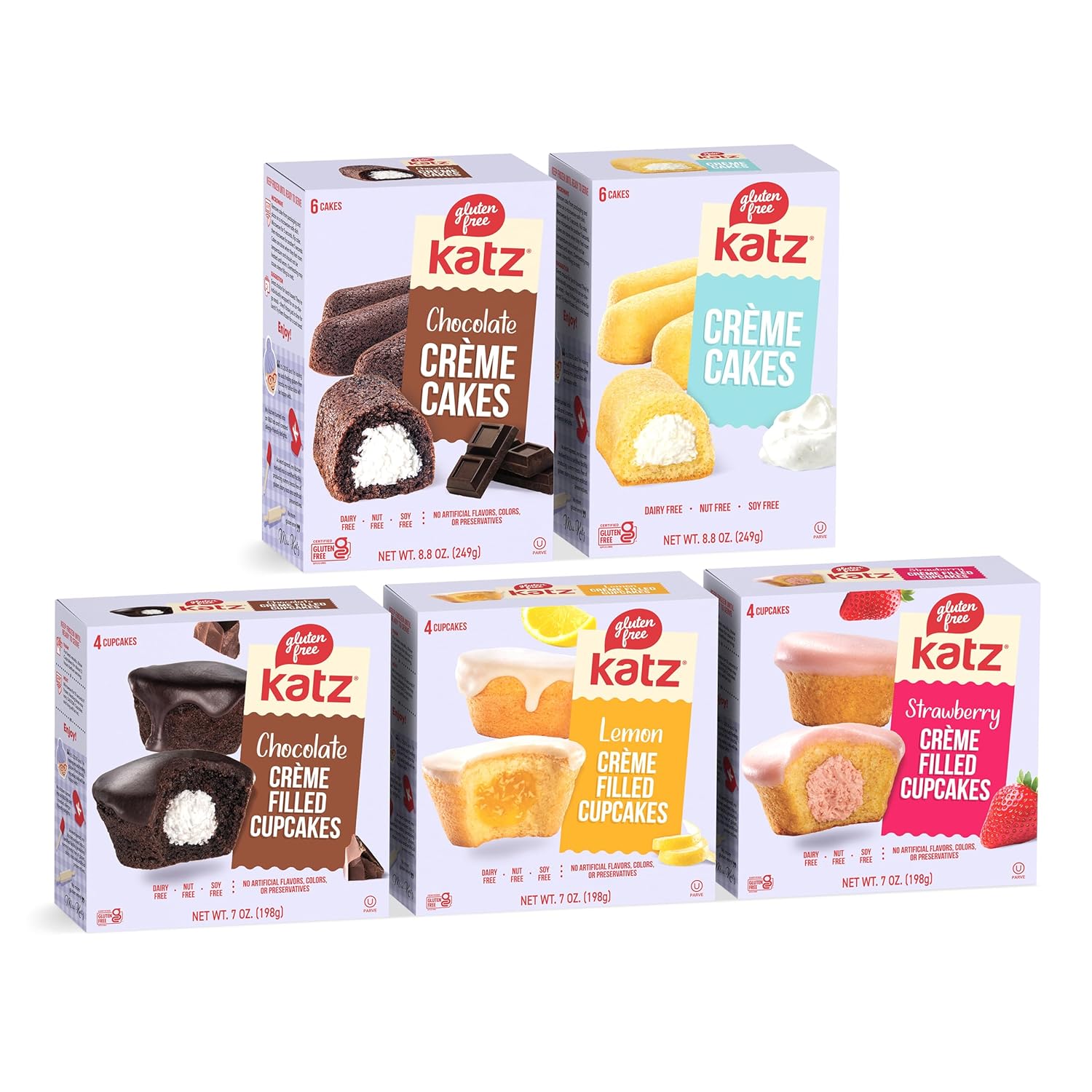 Katz Gluten Free Snacks Creme Cake Variety Pack. Chocolate, Strawberry, & Lemon. Snacks For Adults & Kids. Free of Dairy, Tree Nut & Peanut Kosher (5pk)