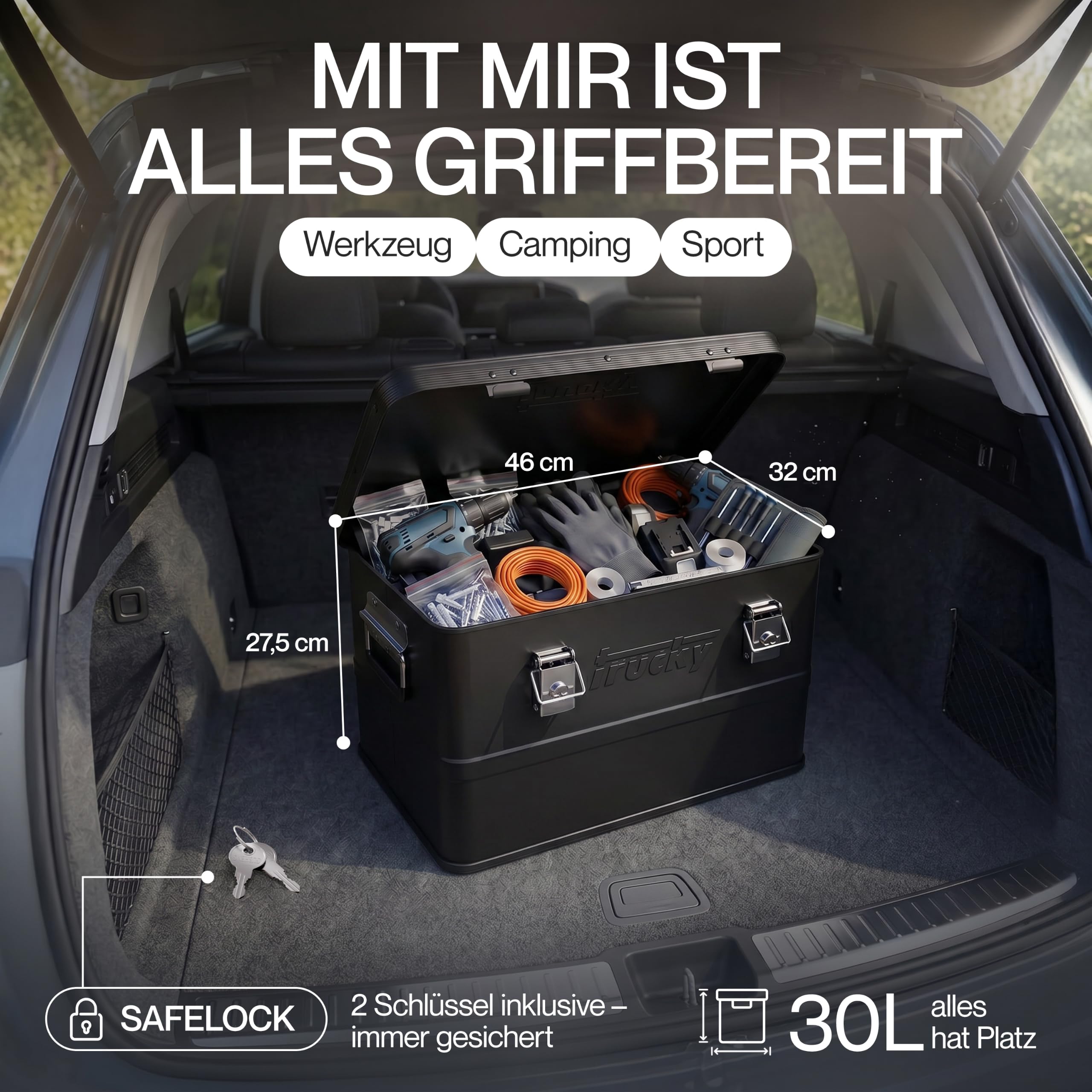 Trucky Aluminium Box mit Deckel 30L Schwarz Alukiste Kiste Abschliessbar | 46 x 32 x 28 cm, Transportbox, Metallbox, Aufbewahrungsbox, Metallkiste