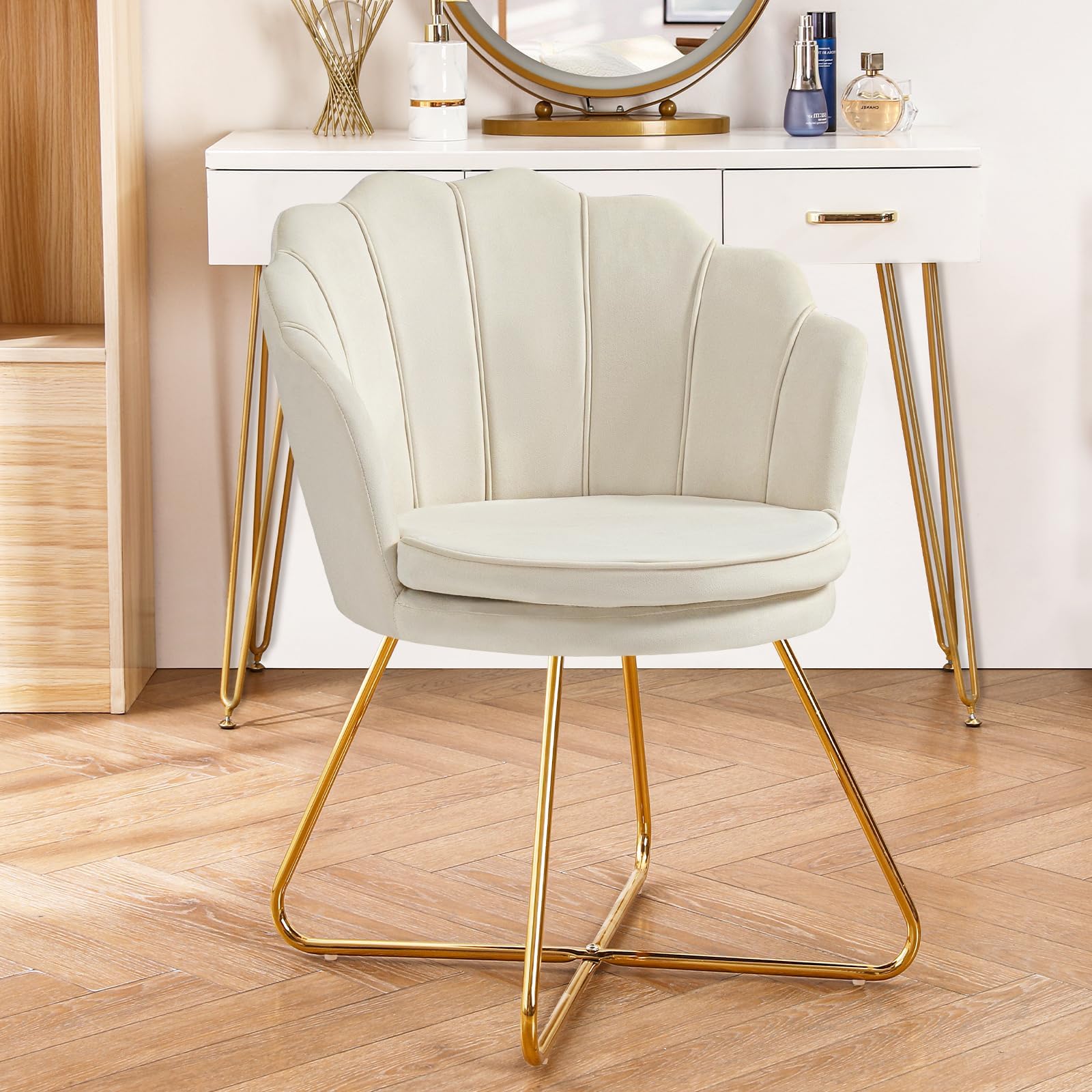 Furniliving Velvet Vanity Chairs, Upholstered Accent Chairs for Living Room, Makeup Chair for Bedroom Home Office Desk Chair with Back Arm Chair Guest Chair Mid-Century Leisure Lounge Sofa (Khaki)