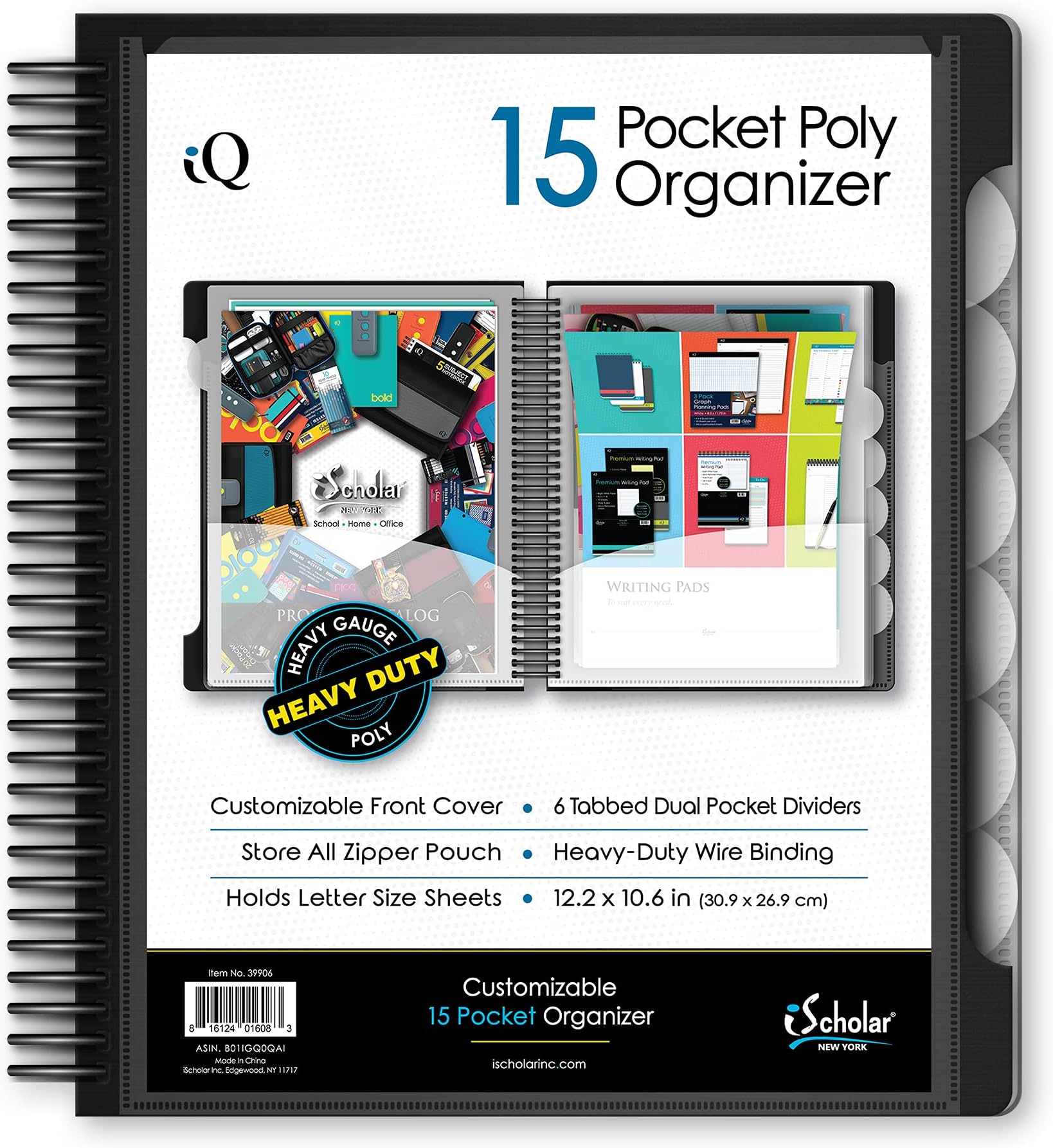 "IQ iScholar 15 Pocket Organizer, 12.2 x 11", Tabbed Dividers, Color Will Vary (39906)", assorted