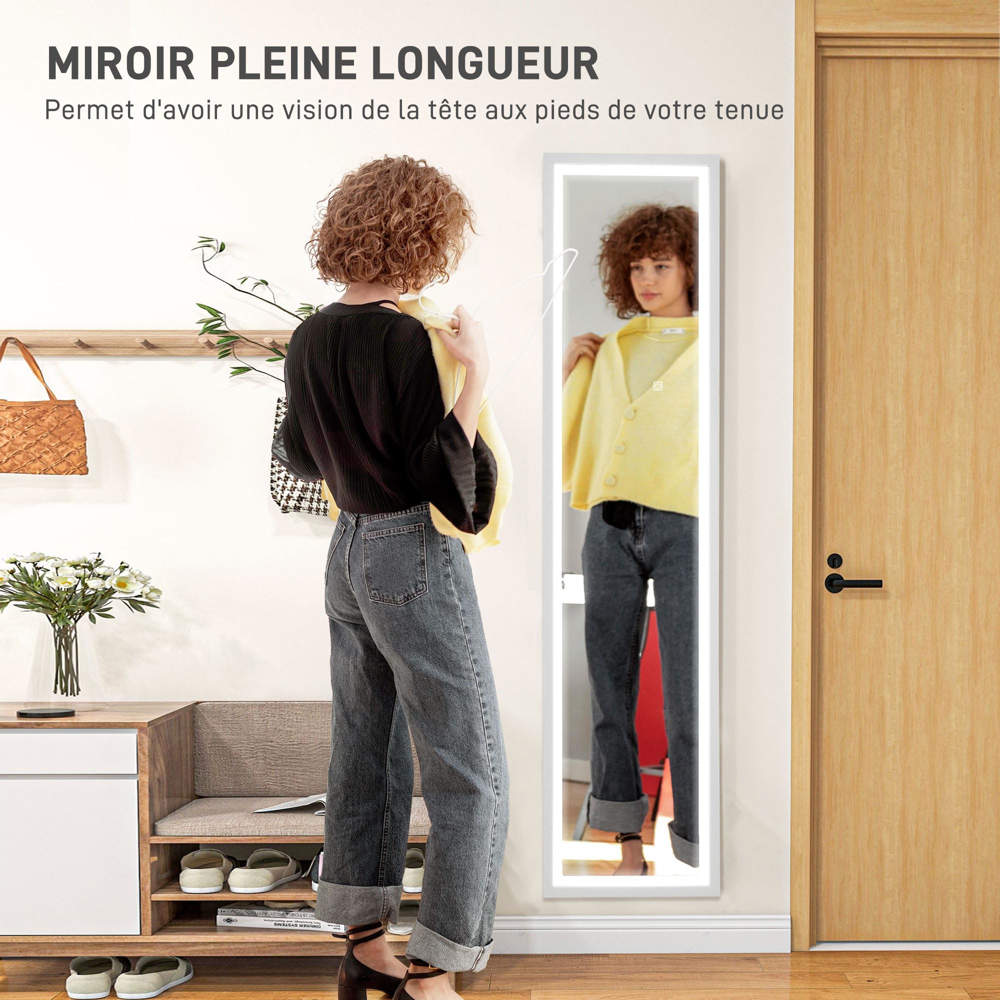 HOMCOM Grand Miroir Pleine Longueur 40 x 160 cm en Verre trempé, éclairage LED 3 Couleurs et Support, Miroir Mural ou sur Pied rectangulaire, pour Chambre à Coucher, Salon et Dressing, Blanc