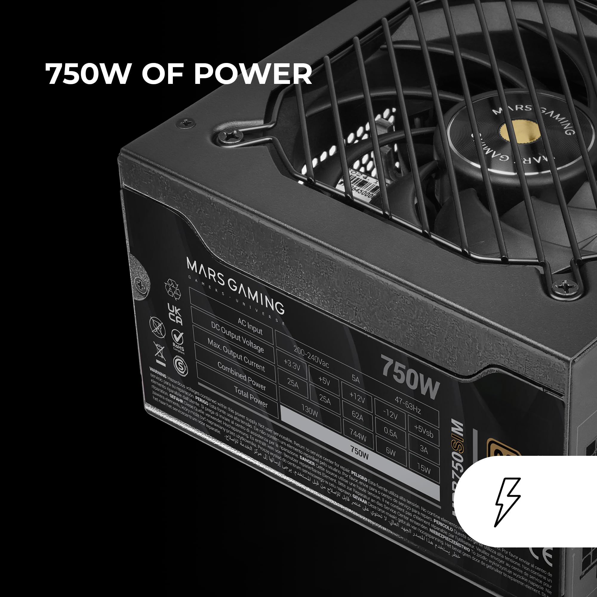 MARS GAMING MPB750SIM, Alimentatore ATX Full Modulare 750W, Garanzia 7 Anni, 80Plus Bronze 230V EU, 90% di Efficienza, Ventola SI Extreme Silence 140mm, Tecnologie AI2-RPM, DC-DC e SMD, Nero