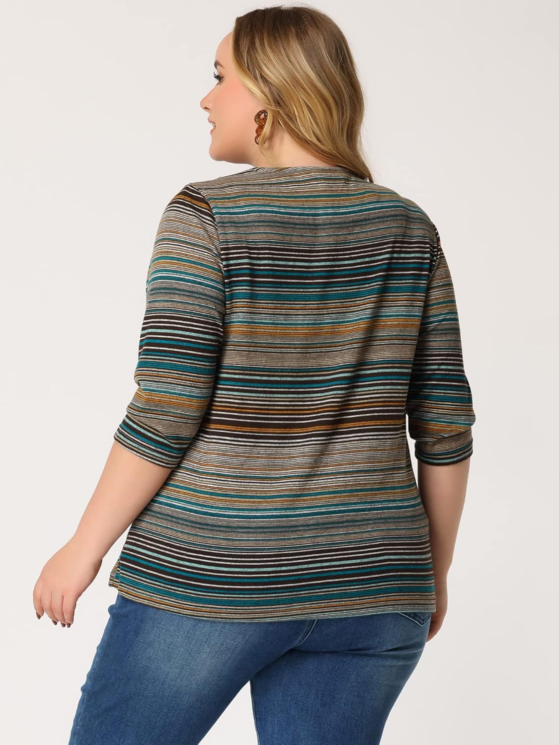 Agnes Orinda Plus Size Tops for Women 3/4 Sleeve Knit Striped Dressy Casual Blouse Asymmetric Neck Fashion t Shirt - Image 4