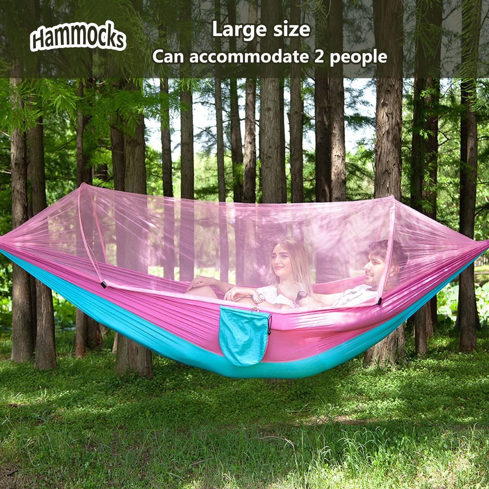 Hamac de camping portable avec moustiquaire, léger, capacité de 200 kg, pour les aventures en plein air (260 x 140 cm)
