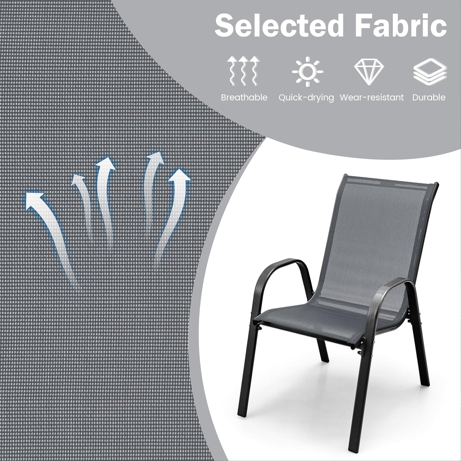COSTWAY Patio Dining Chairs Set of 2, Stackable Outdoor Chairs with Armrest and High Back, Breathable Fabric & Metal Frame Chair for Garden Poolside Backyard Deck (Grey)