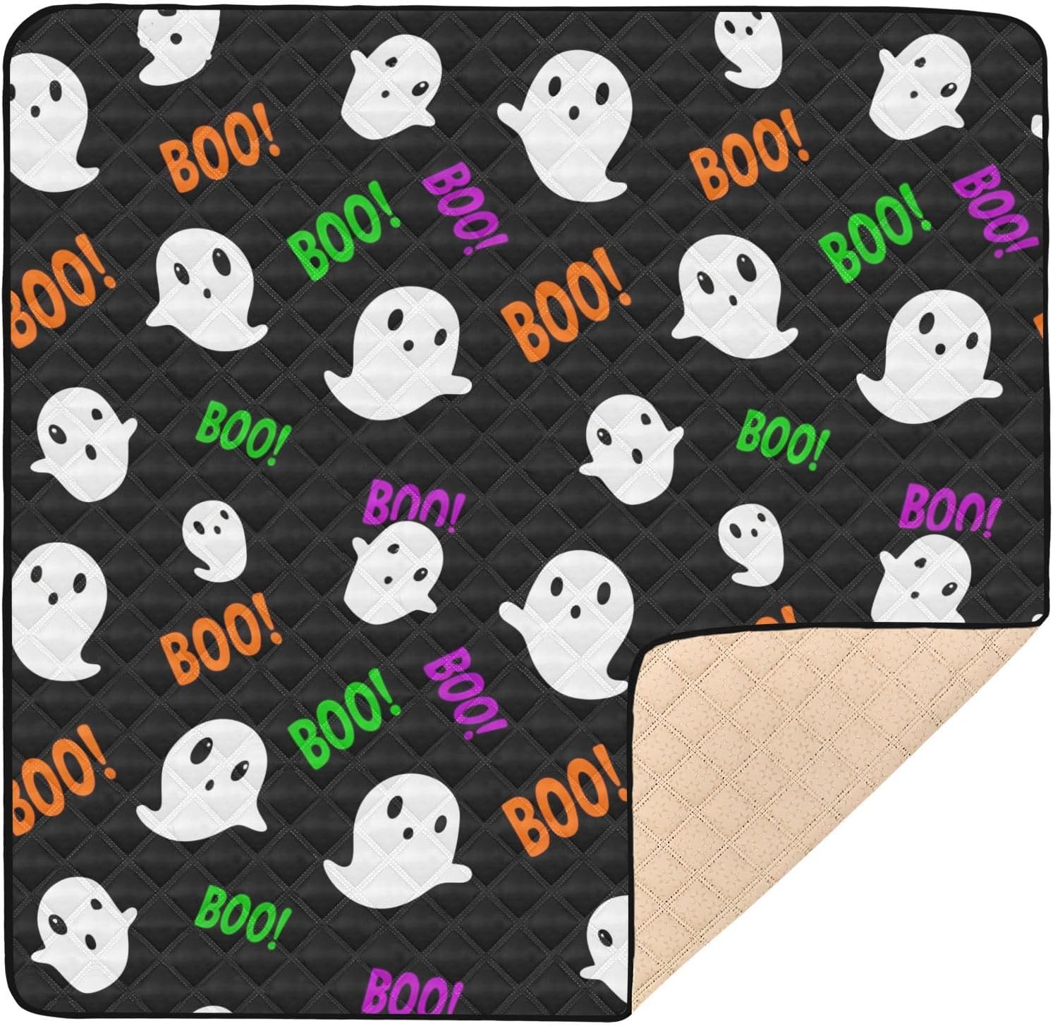 Doodle Cute Ghost Baby Play Mat, 50“ X 50” Washable Folding Crawling Mat, Baby Floor Mat, Soft, Non-Slip