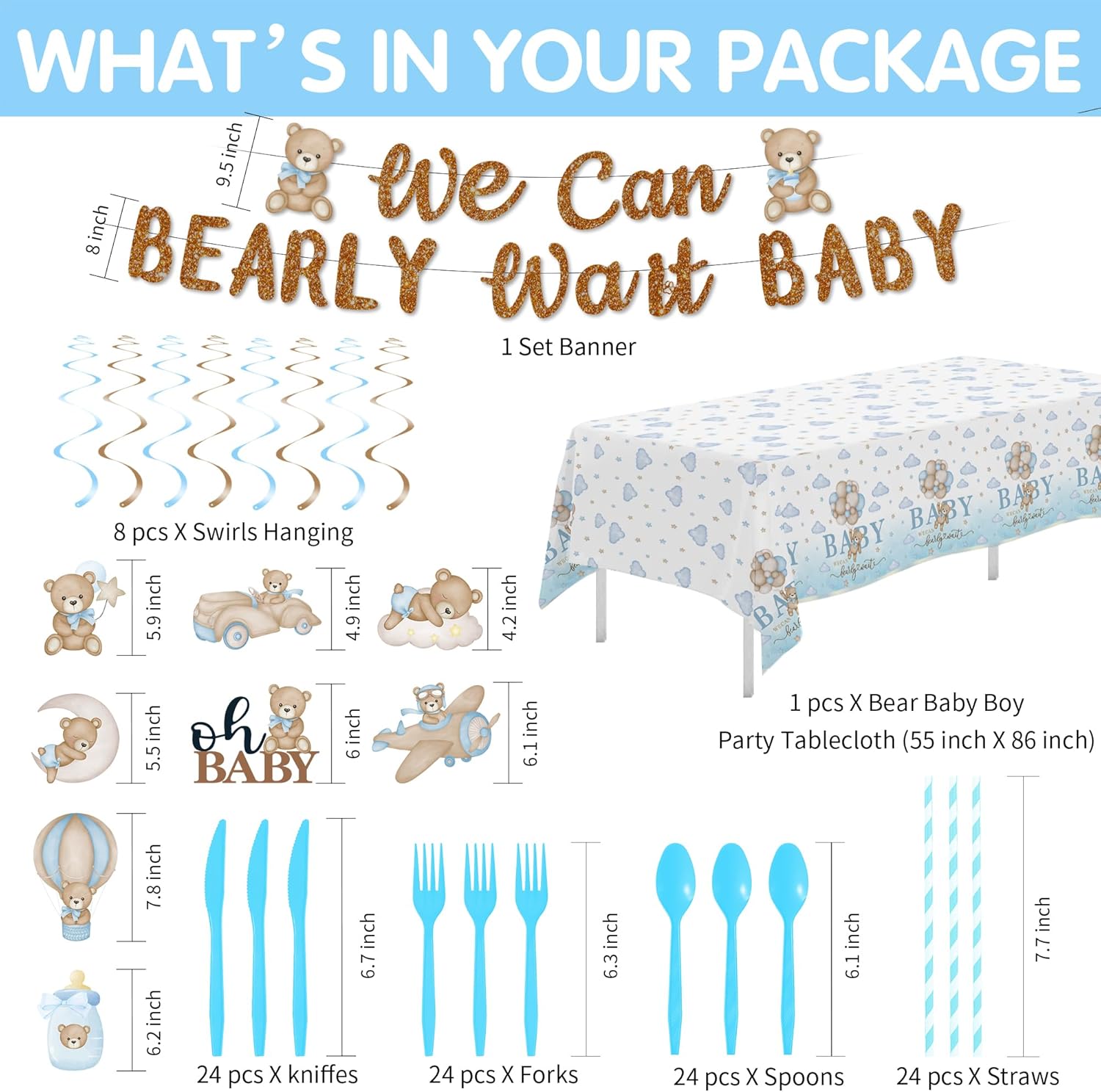 男の子用ベアベビーシャワーデコレーション ブルーテディベアテーマ We Can Bearly Wait ベビーシャワーデコレーション