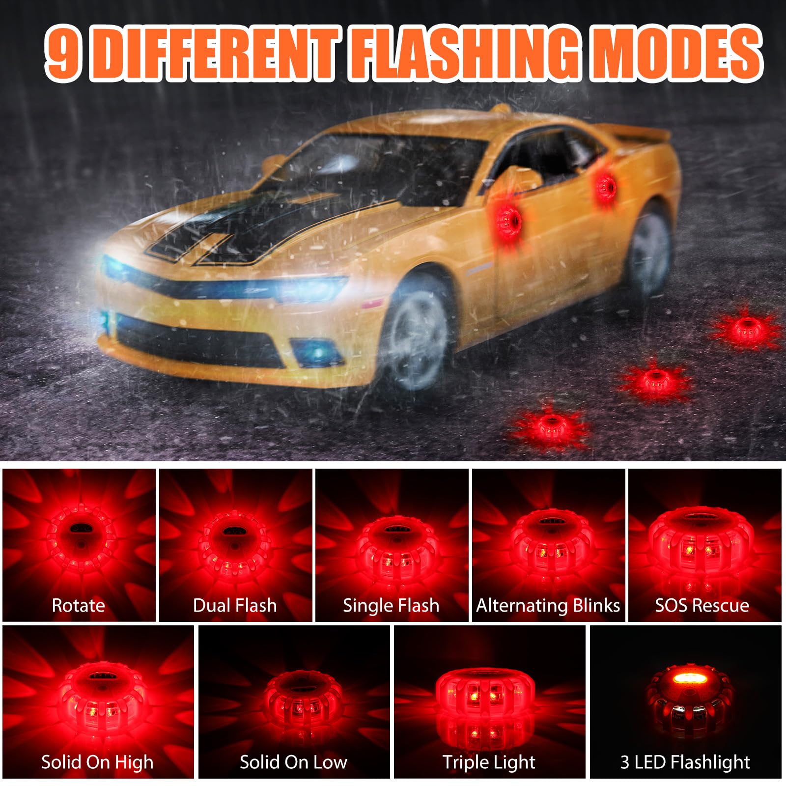 Tallew - Paquete de 8 luces LED de seguridad vial intermitente, kit de advertencia de emergencia en carretera con gancho magnético para vehículo, barco, camión, disco magnético, para coche, coche,