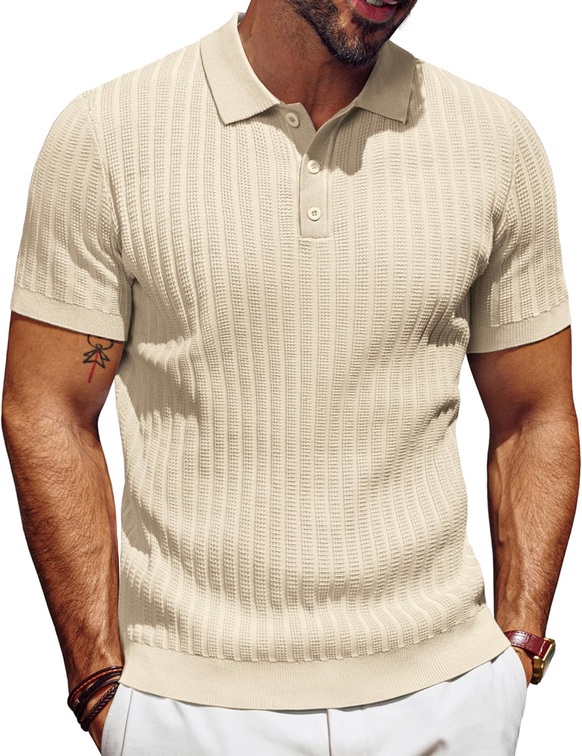 PJ PAUL JONES Mens Knit Polo Shirt Short Sleeve Textured Polo Shirts Casual Summer Collared Polo T Shirt