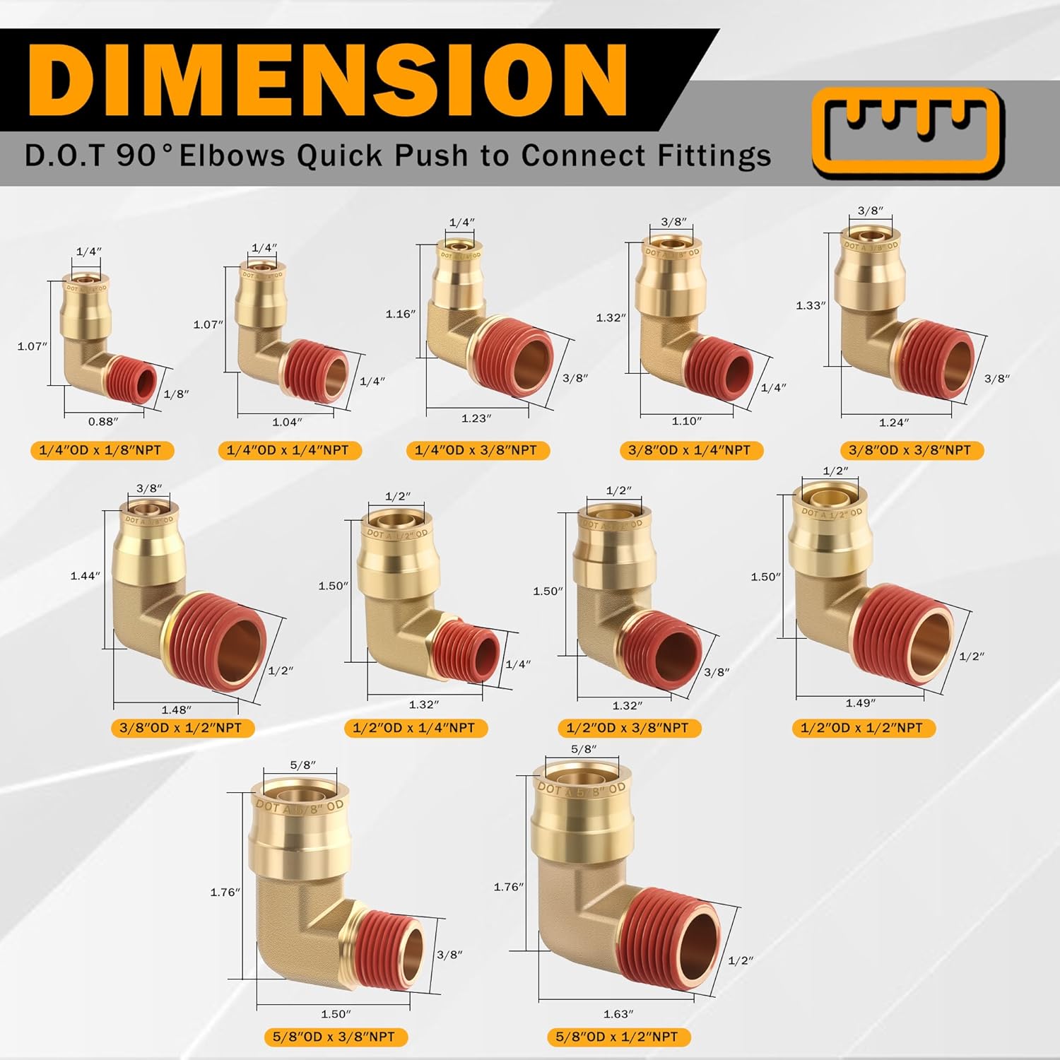 5PCS DOT Approved Quick Push to Connect Fittings, Brass 90 Degree Union Elbow 5/8" Tube OD x 3/8" NPT Thread Air Brake Line Adapter Air Suspension Kit for Car Truck Trailers