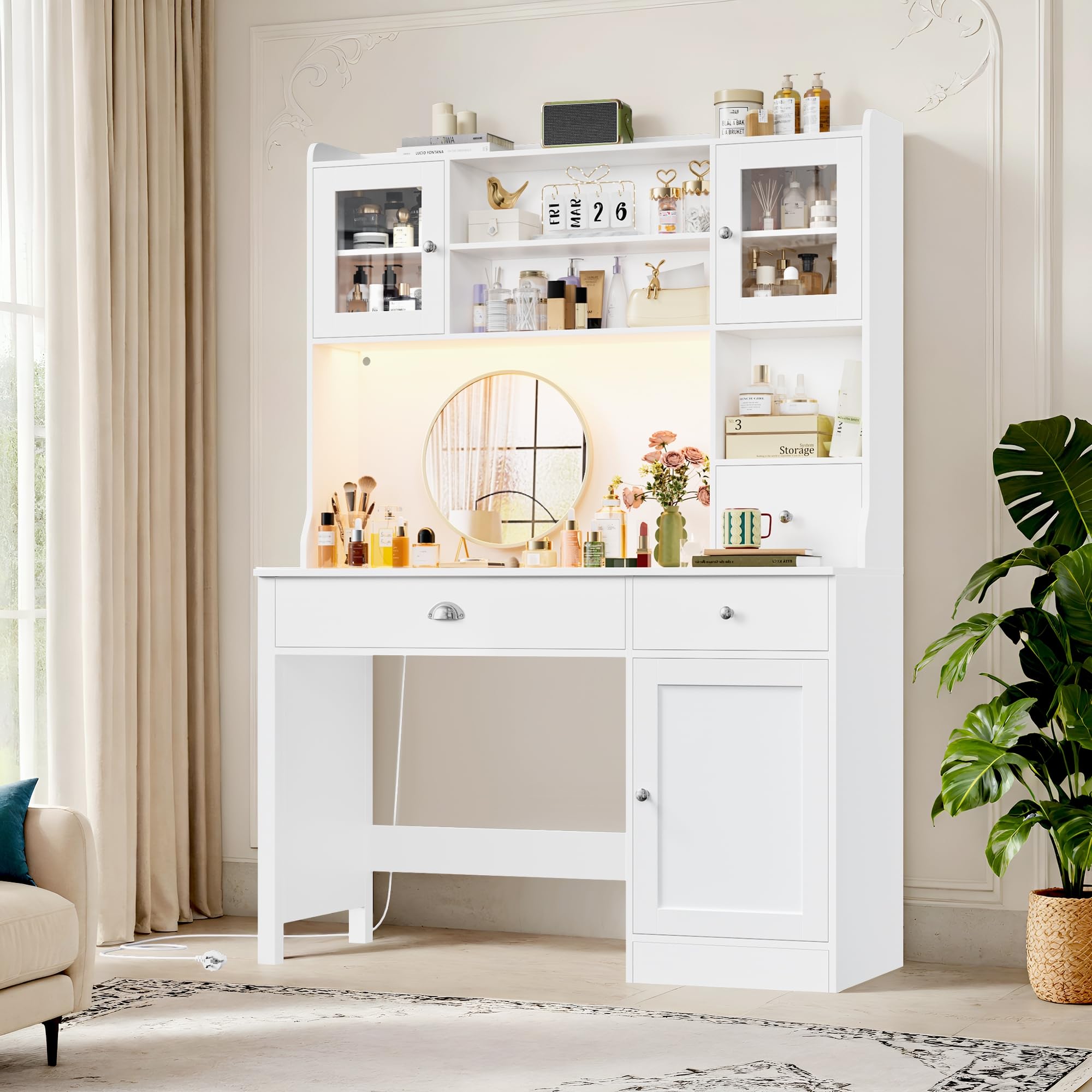 FirFurd Bureau Blanc avec LED Bureau avec Rangement avec Prises/Type-C/USB