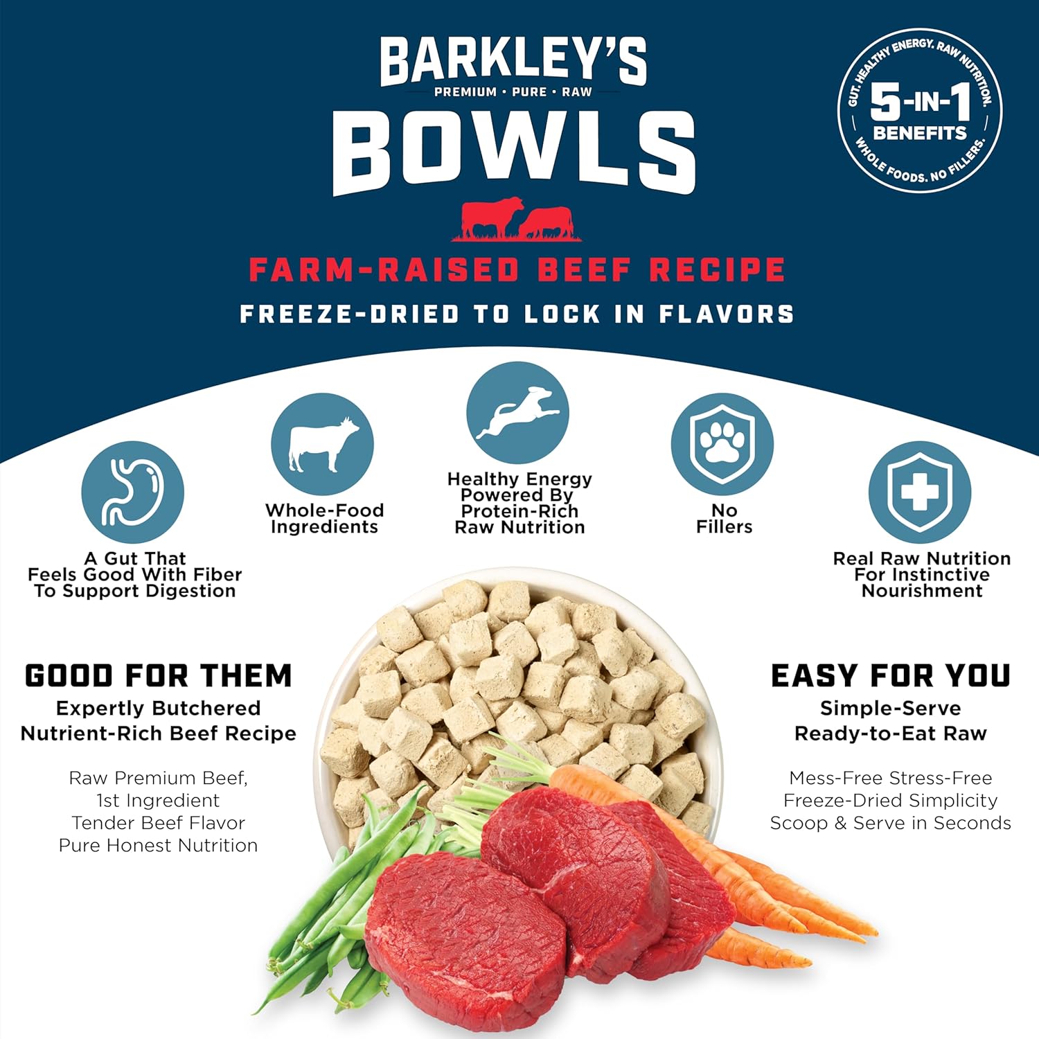 Barkley’s Bowls, Freeze-Dried Raw Beef Dog Food, Fresh Whole Food Ingredients with Farm-Raised Beef, Grain Free, High Protein for Balanced Nutrition, Dog Treats or Topper, 16 Oz Bag