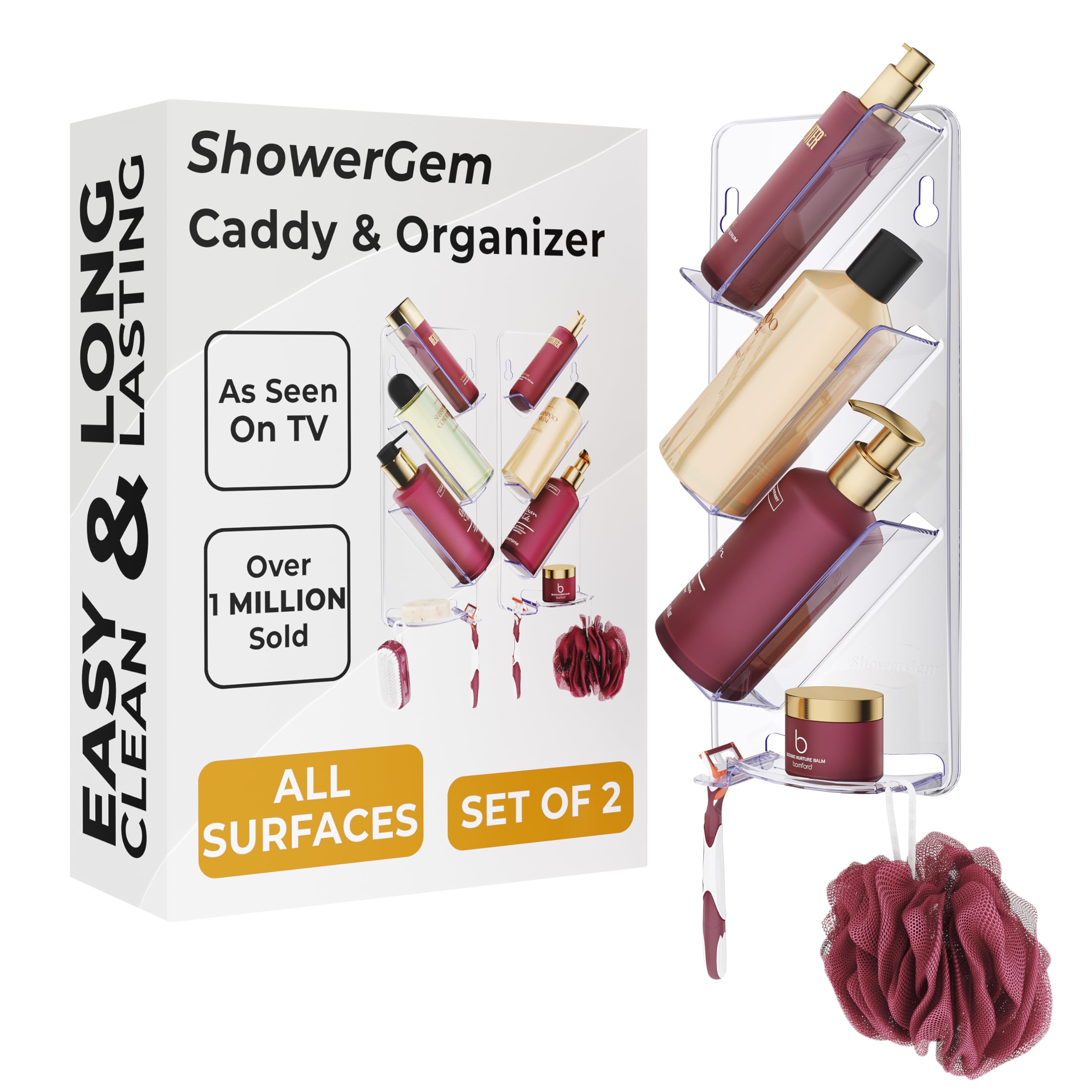 ShowerGem Estanteria Ducha Sin Taladro o Tornillos para Baño - Adhesivo Estantería Organizador con El Gancho Colgante para El Champú y Jabón - Fácil de Limpiar y Mantener