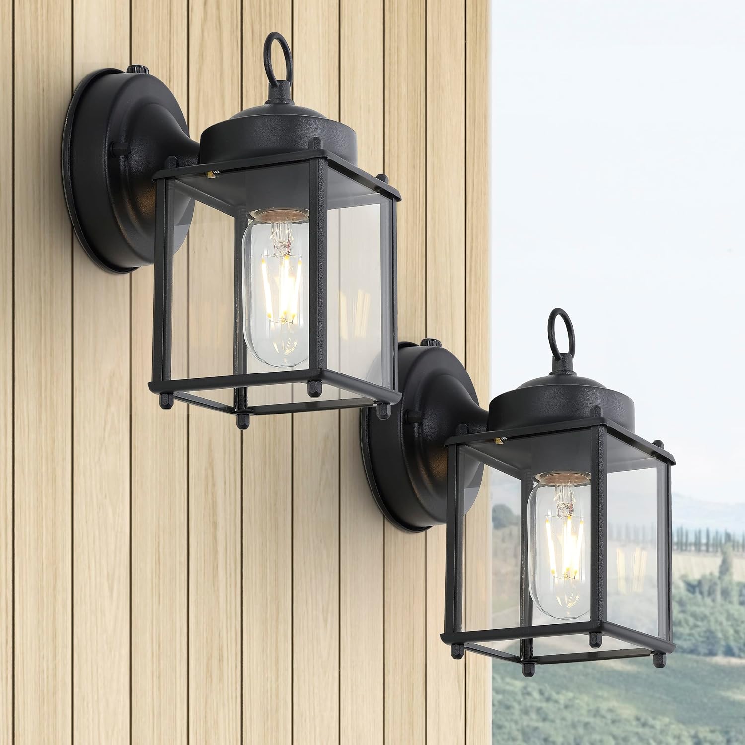 JONATHAN Y 4.25" Black 1-Light Iron and Glass Outdoor Sconce Set of 2, Farmhouse Industrial Wall Lantern for Porch Patio Garage, UL Listed, LED Bulbs Included JYL2403A-SET2