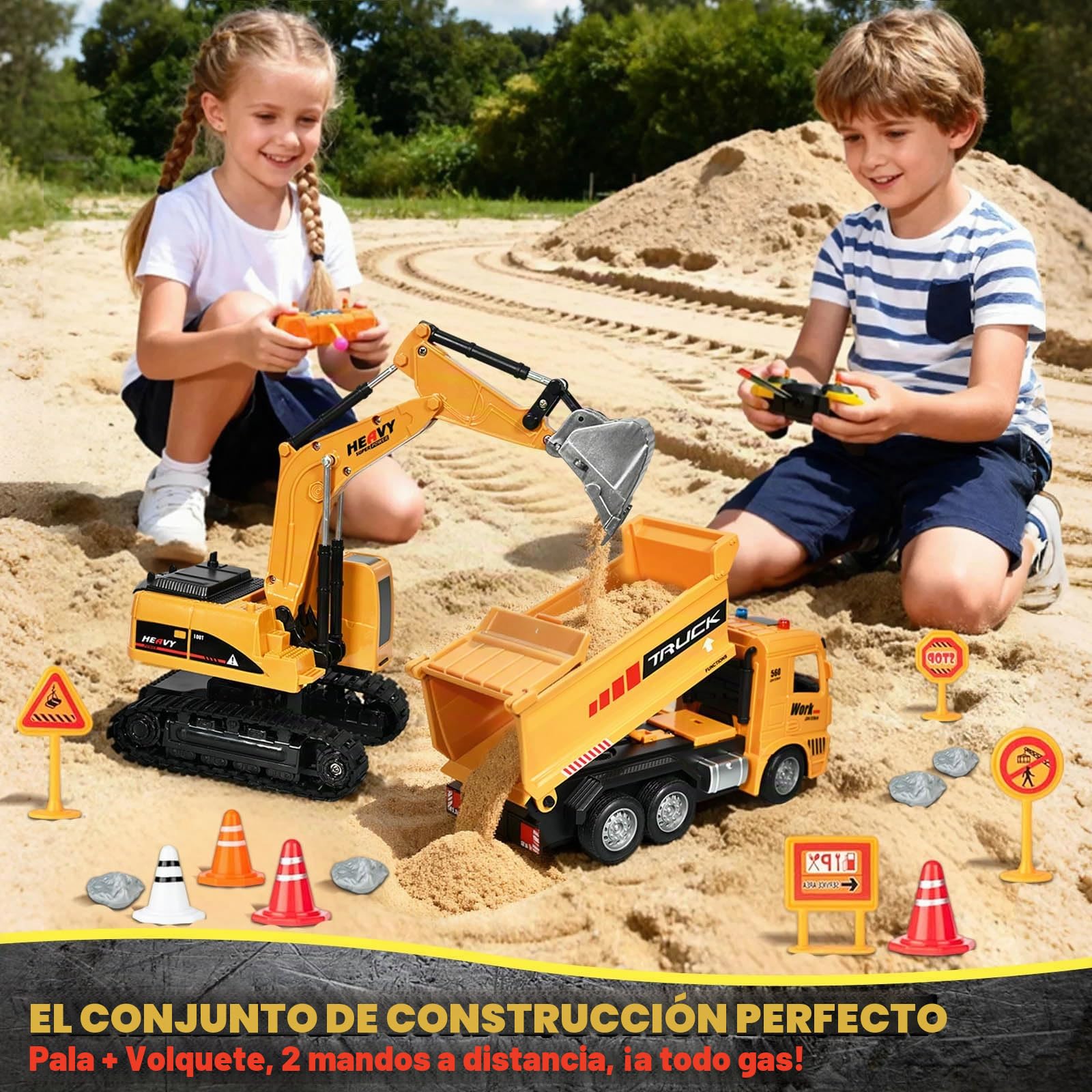 Excavadora Teledirigida y Camión Volquete Control Remoto, 2 Vehículos de construcción RC con Señales de Carretera, Barreras, Piedras Simuladas, Luces y Sonidos, Regalo de Cumpleaños para Niños de 3-12