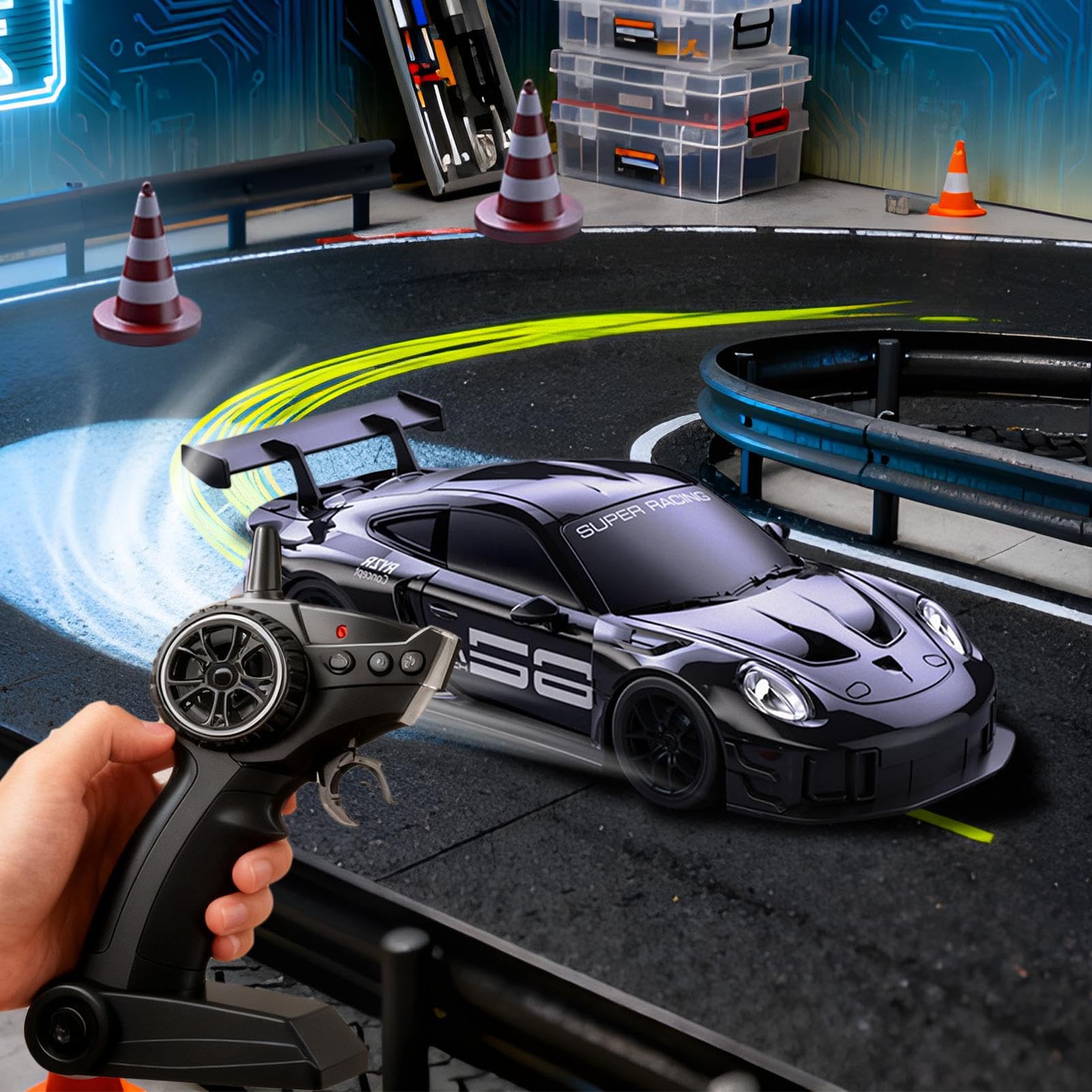 Coche Teledirigido - 1:20 Vehículo con Luces Led, Coche De Derrape RC Automóvil para Drift Deportivo De Carreras, para NiñOs Y Adultos