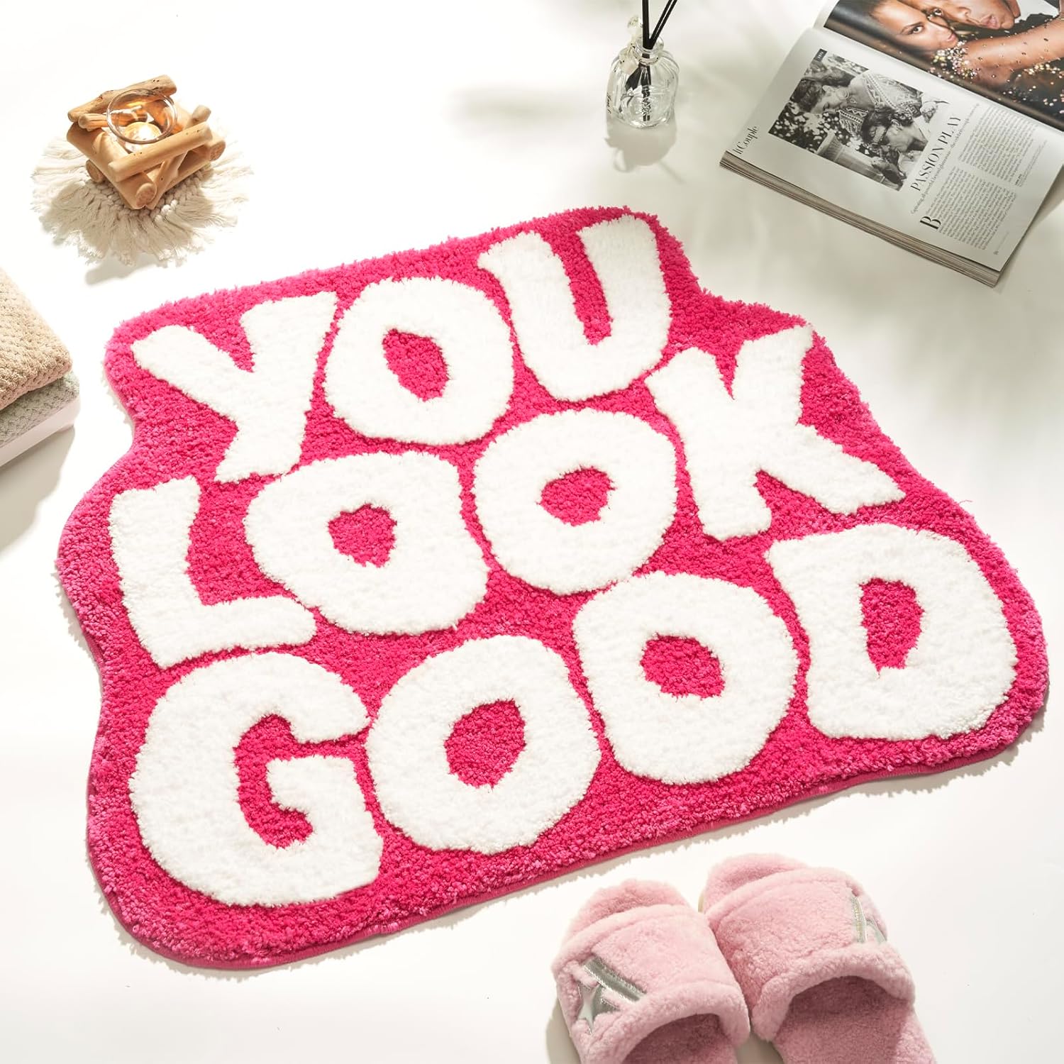 You Look Good Bath Mat Pink, Cute Bathroom Rugs for Girls Fun Funny Funky Rug Bedroom Pink Preppy Bathroom Decor Hello Beautiful Gorgeous Bath Rugs for Kids Women Non-Slip, 25" x 21"