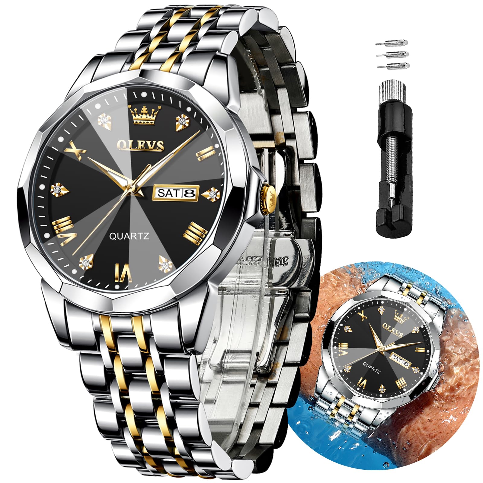 OLEVS Watch for Men Diamond Business Dress Analog Quartz Stainless Steel Waterproof Luminous Date Two Tone Luxury Casual Wrist Watch (B0CQYS64Y2) Amazon Price History, Amazon Price Tracker